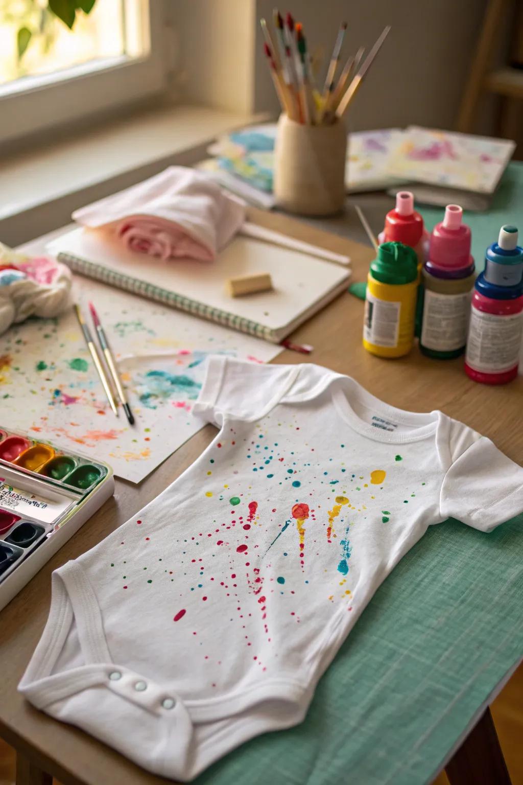 An artistic onesie showcasing a vibrant paint droplet design.