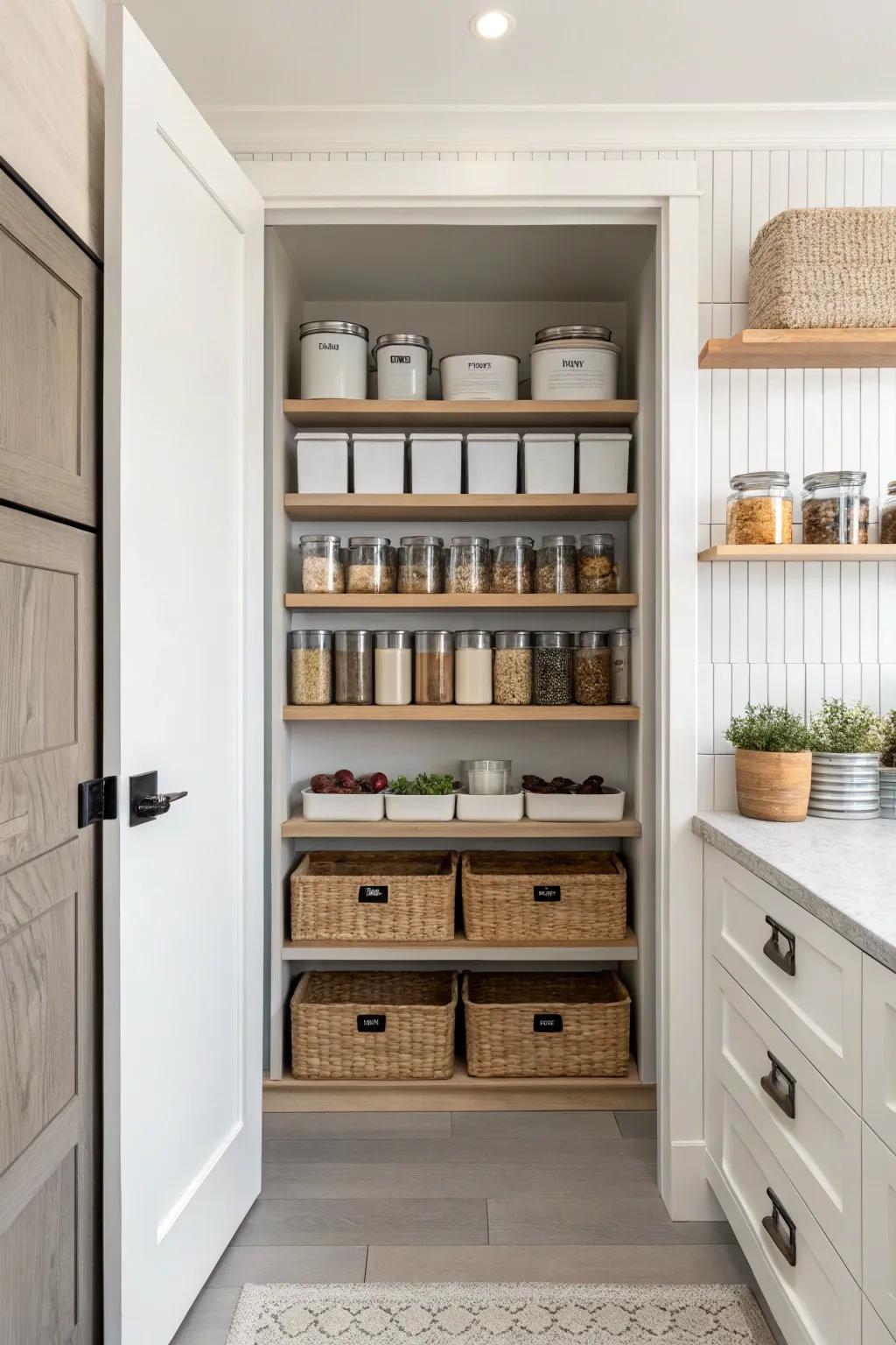 A minimalist scheme assures a clutter-free pantry visual.