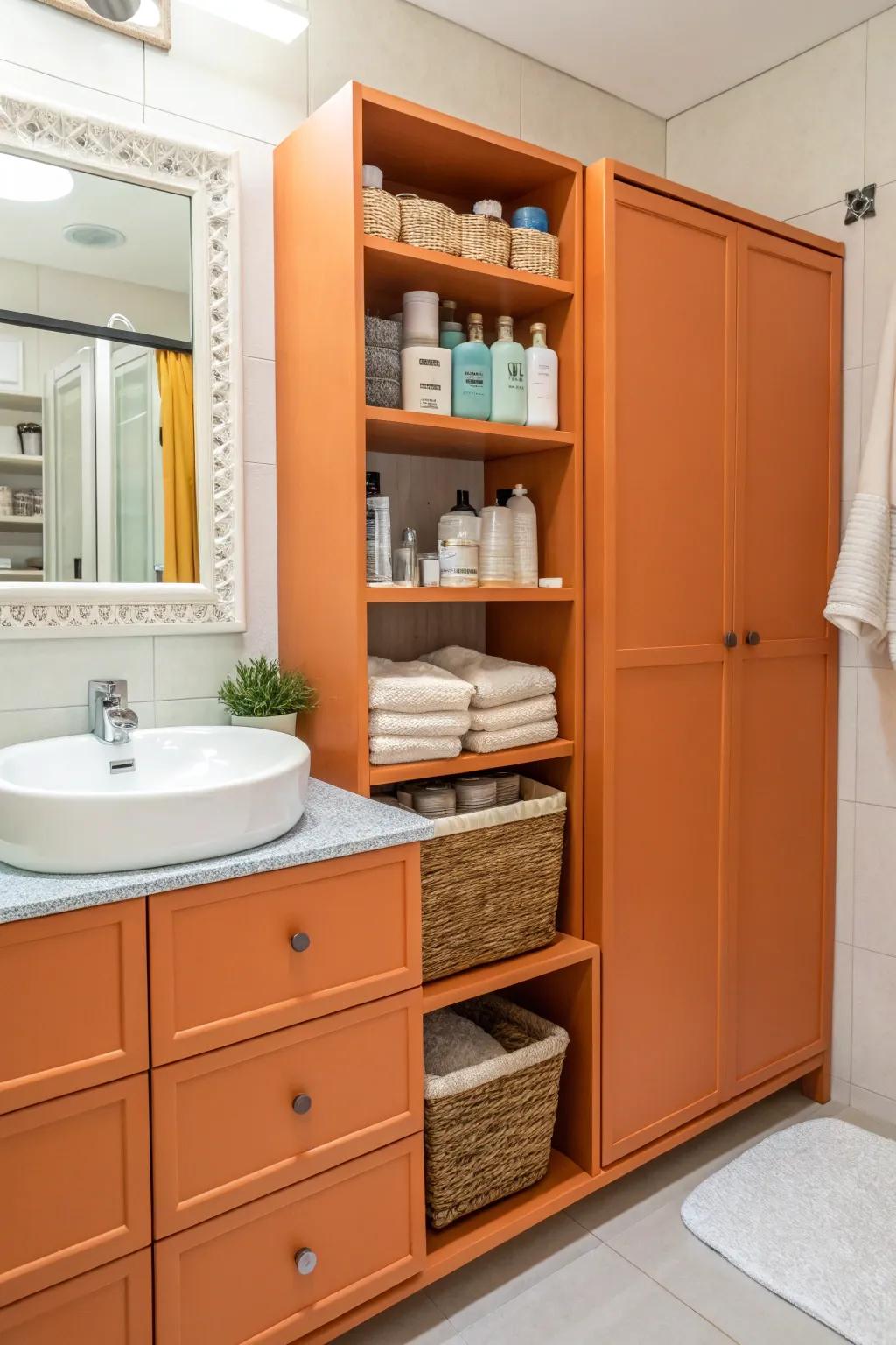 Orange storage enclosed cabinets maintain the bathroom's organization and inject color.