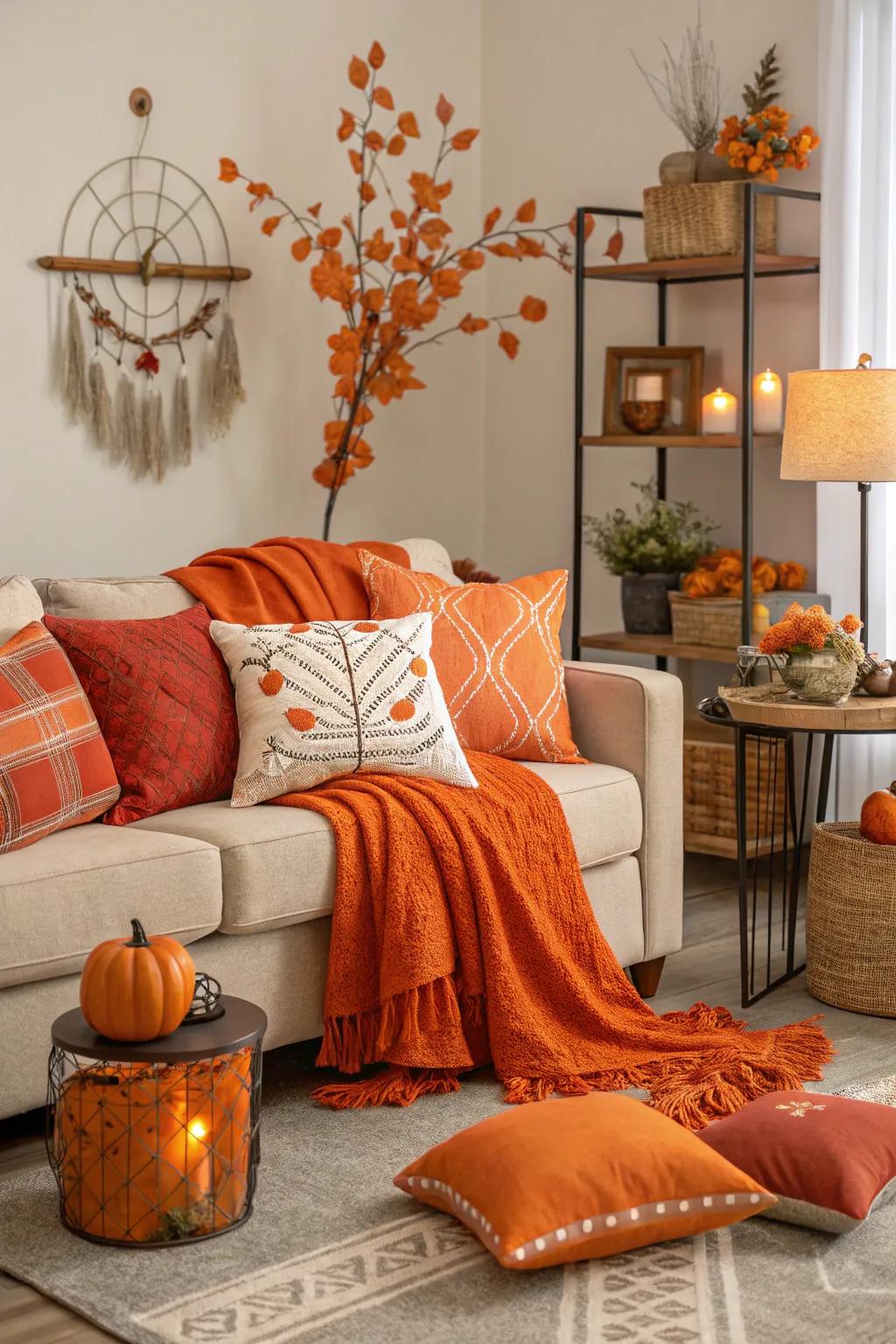 Seasonal orange decor maintains a fresh and vibrant living room year-round.