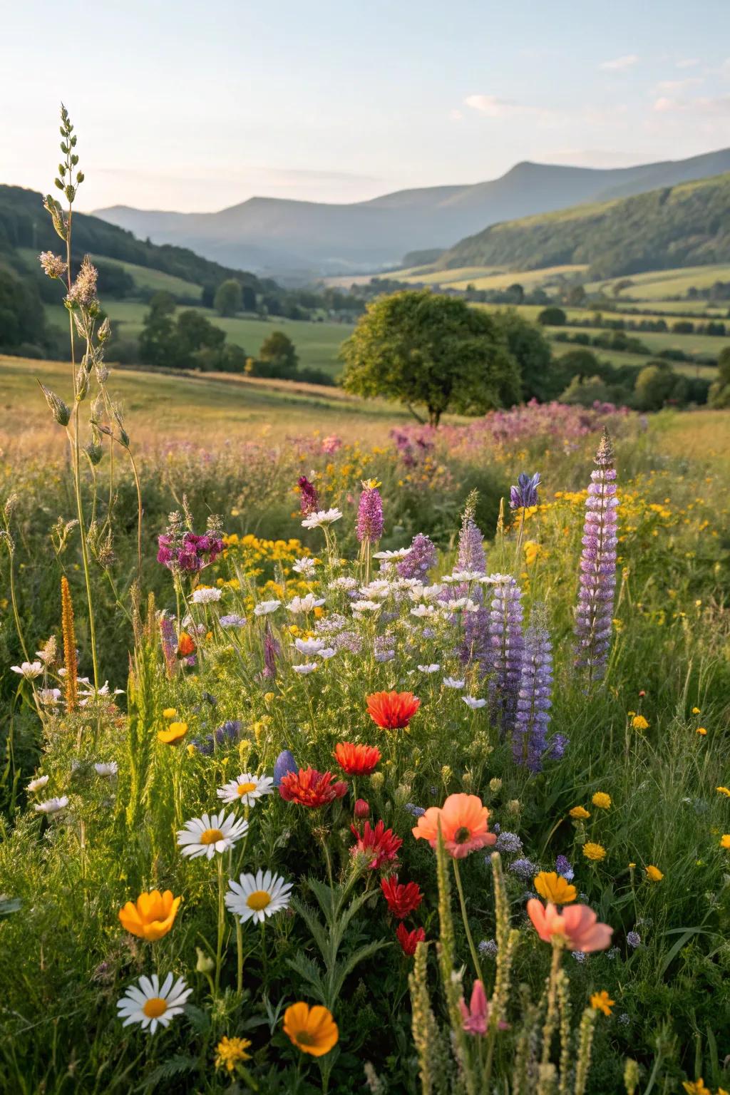 Wildflowers bringing a cheerful meadow vibe to the garden setting.