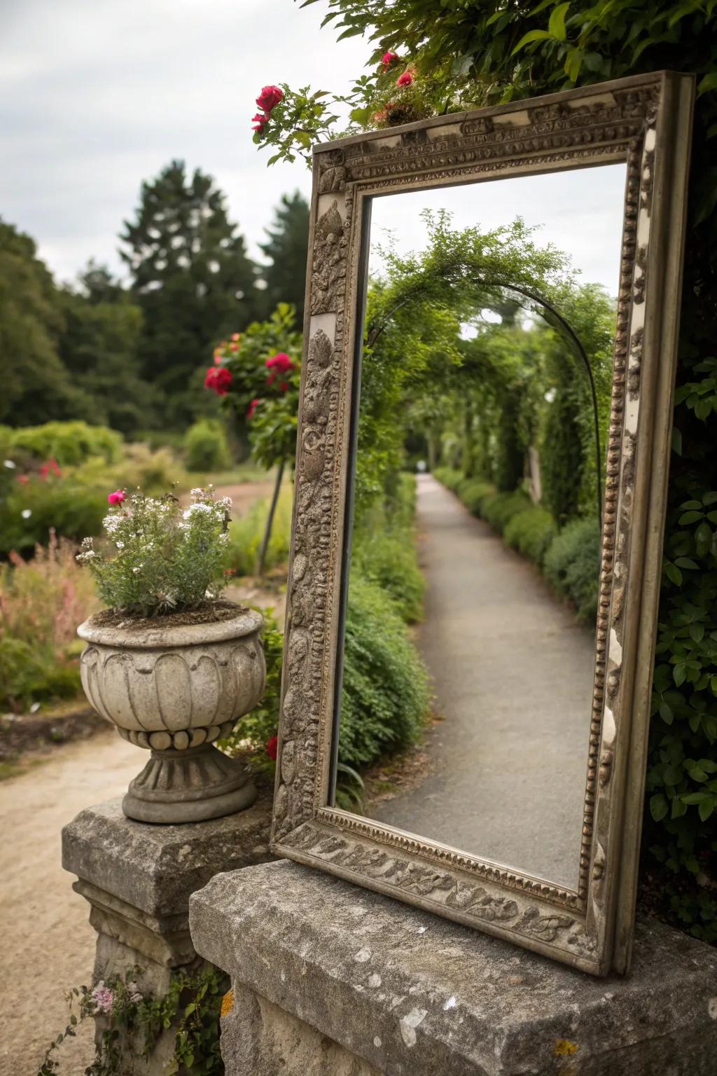 A garden reflector mirroring radiance and vegetation, enlarging the space.