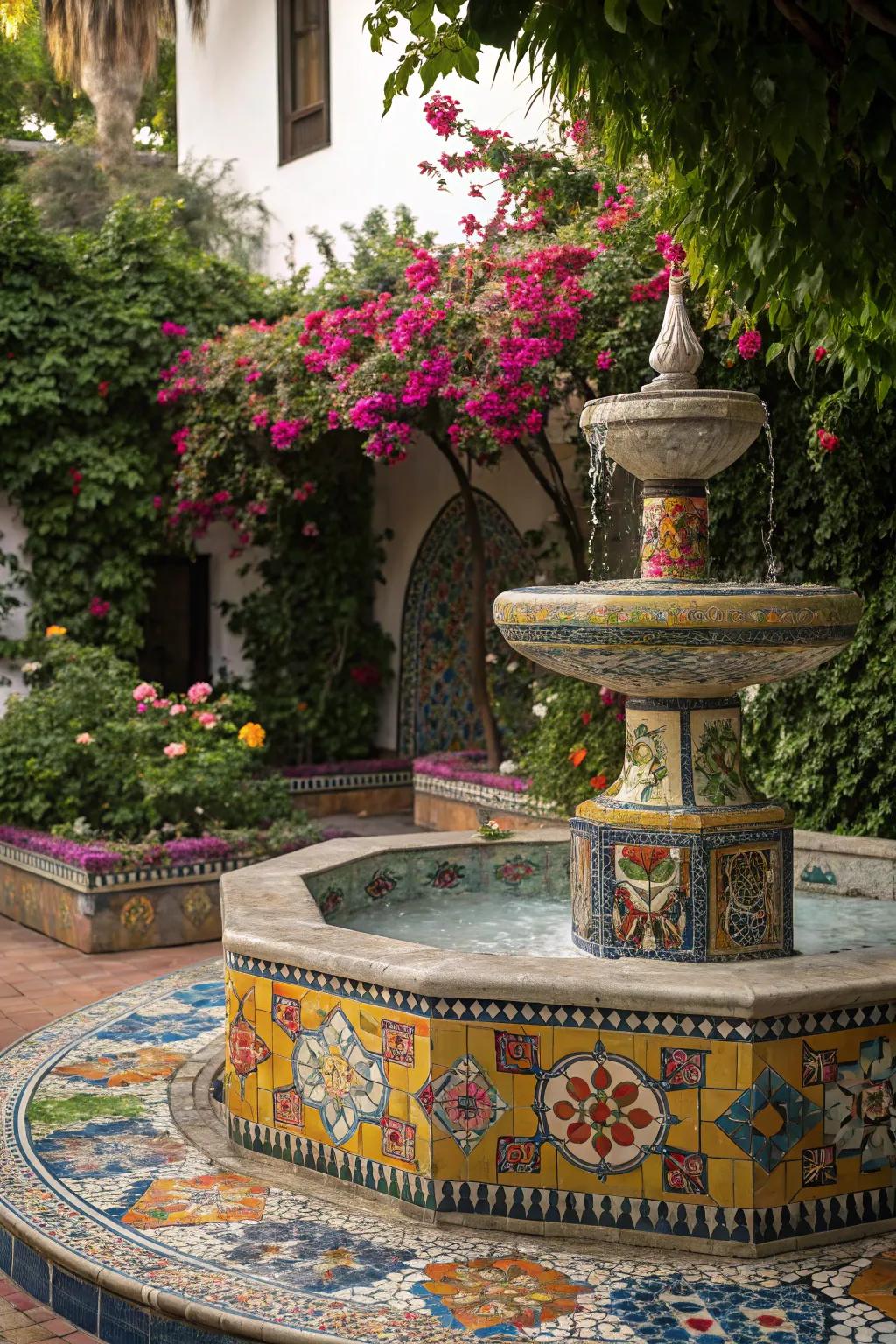 Mosaic fountains supplement artistic flair through colorful tile patterns.