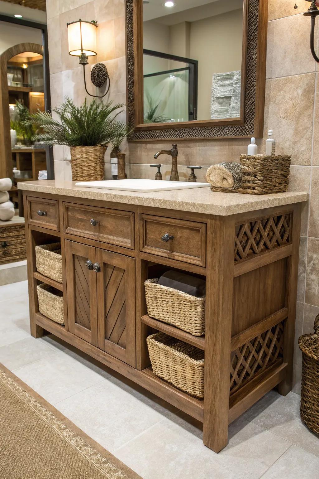 Mudstone vanities offer countryside refinement.