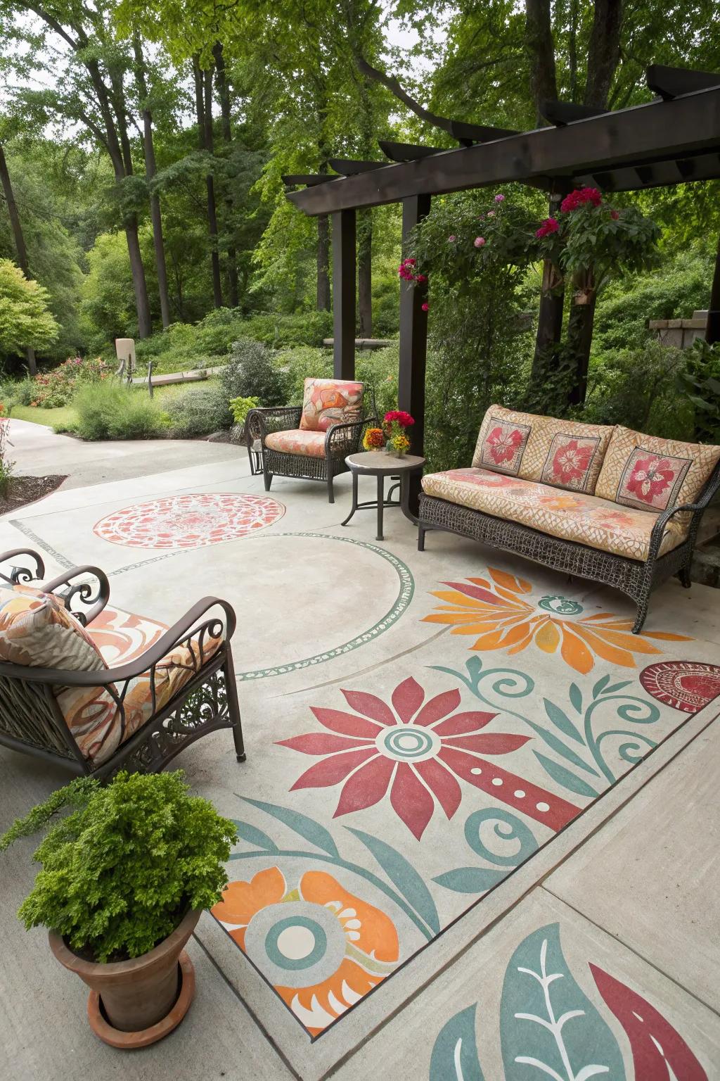 This patio's harmonious design blends beautifully with the outdoor furnishings.