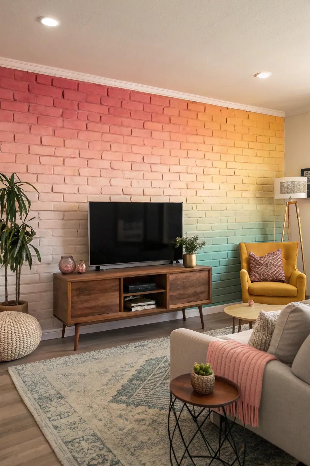 A lounge featuring an intriguing gradient brick wall that captivates.