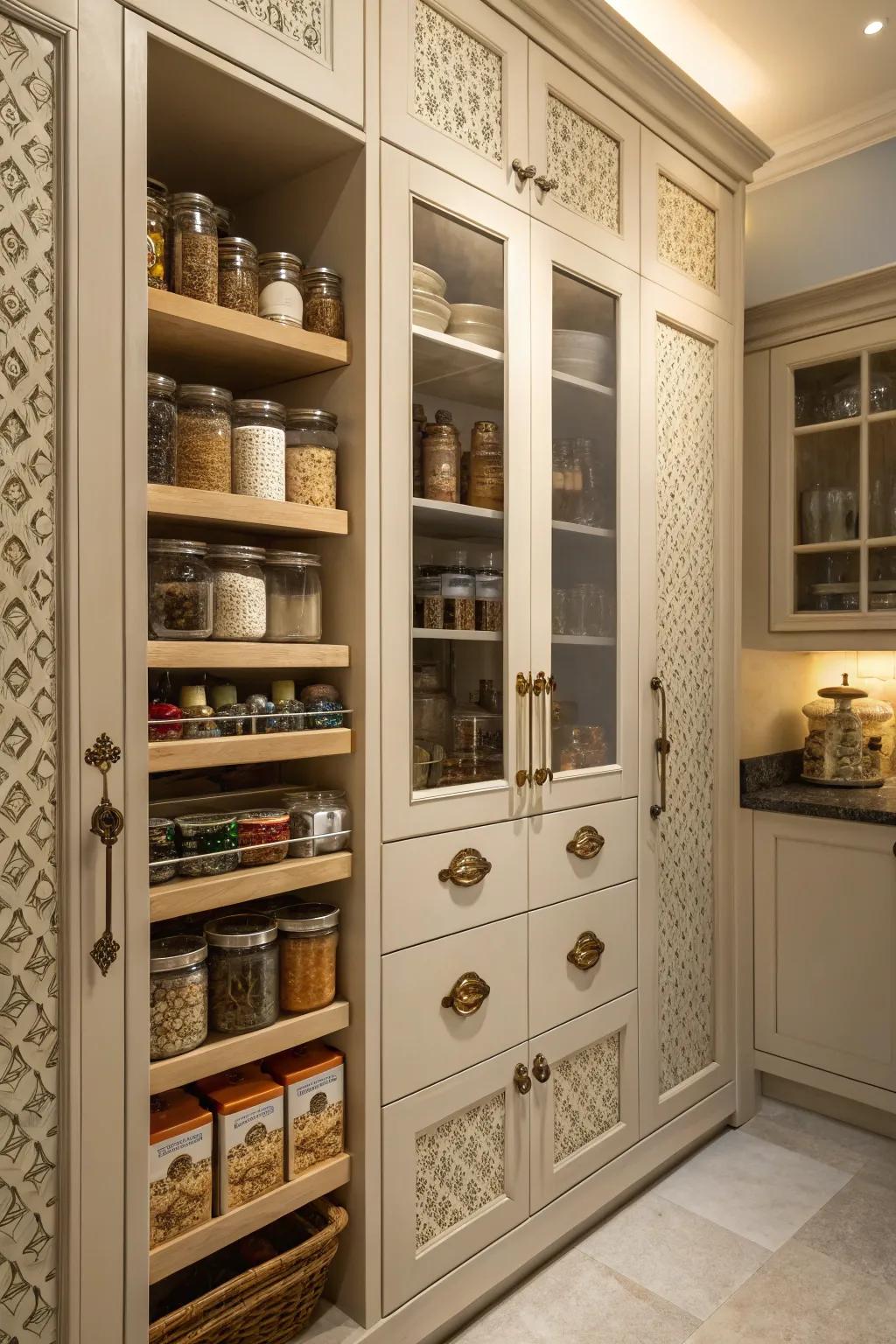 A pantry exhibiting distinctive hardware, adding an individual design.
