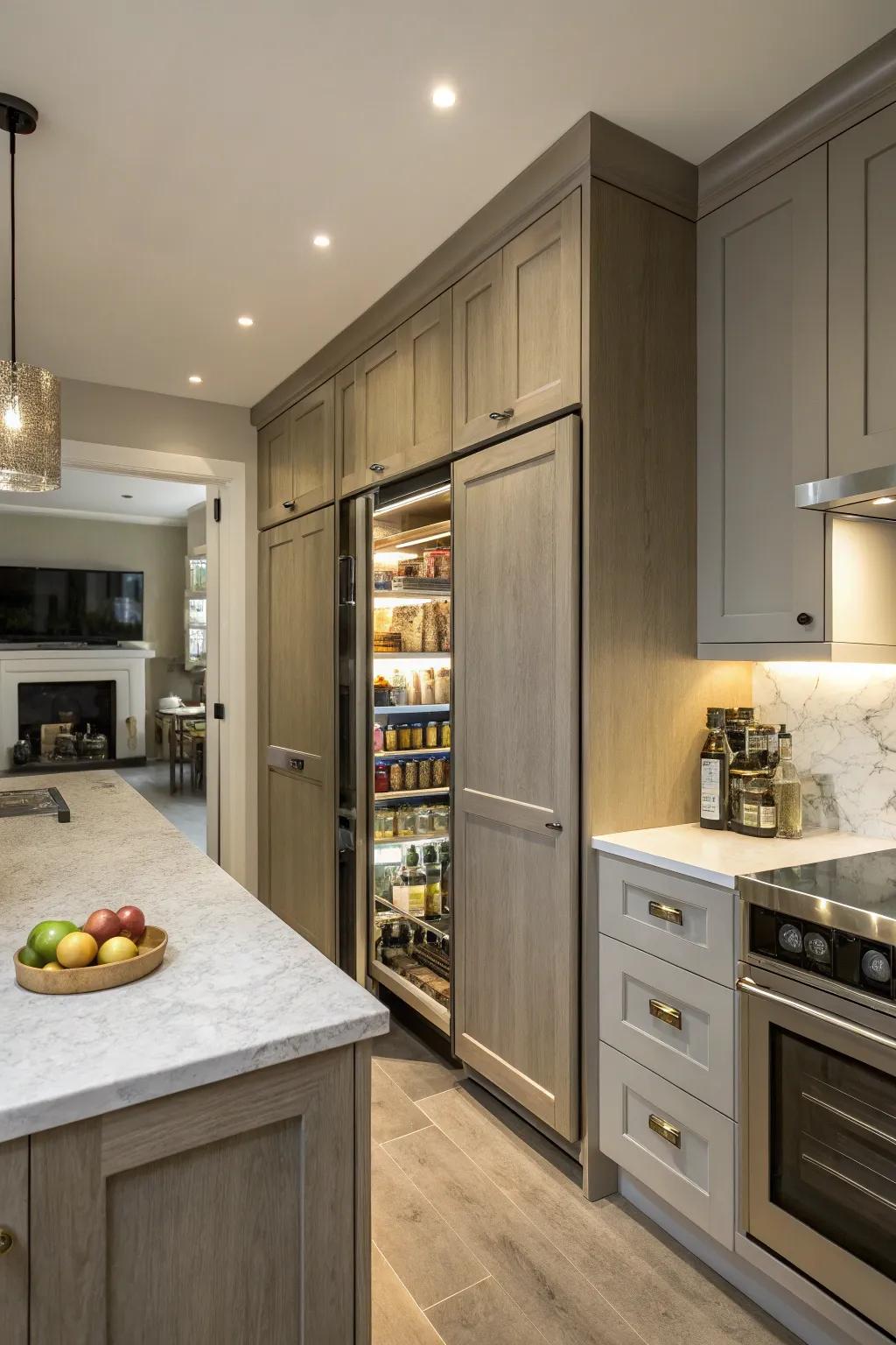 A concealed pantry behind cabinetry contributes astonishment and supplemental storage to a kitchen.