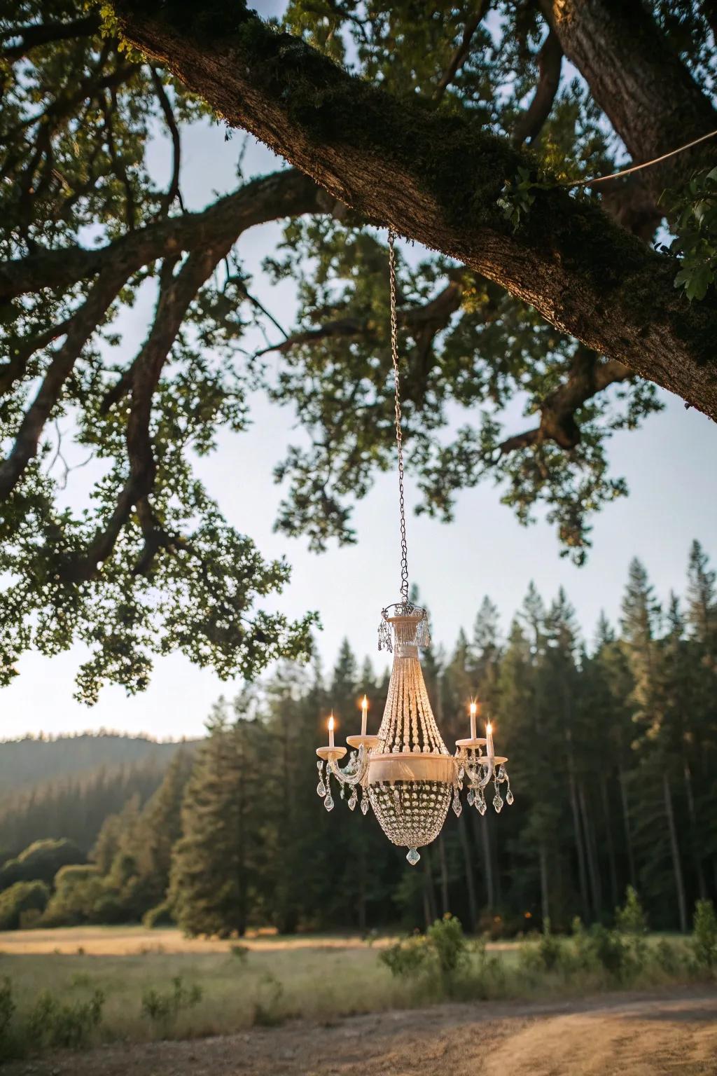 A candelabra introduces unexpected sophistication to the outdoor setting.