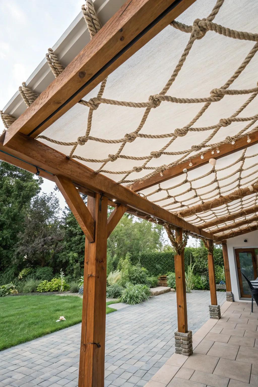 Wood and cord decors infuse nautical charm into rain safeguarding.