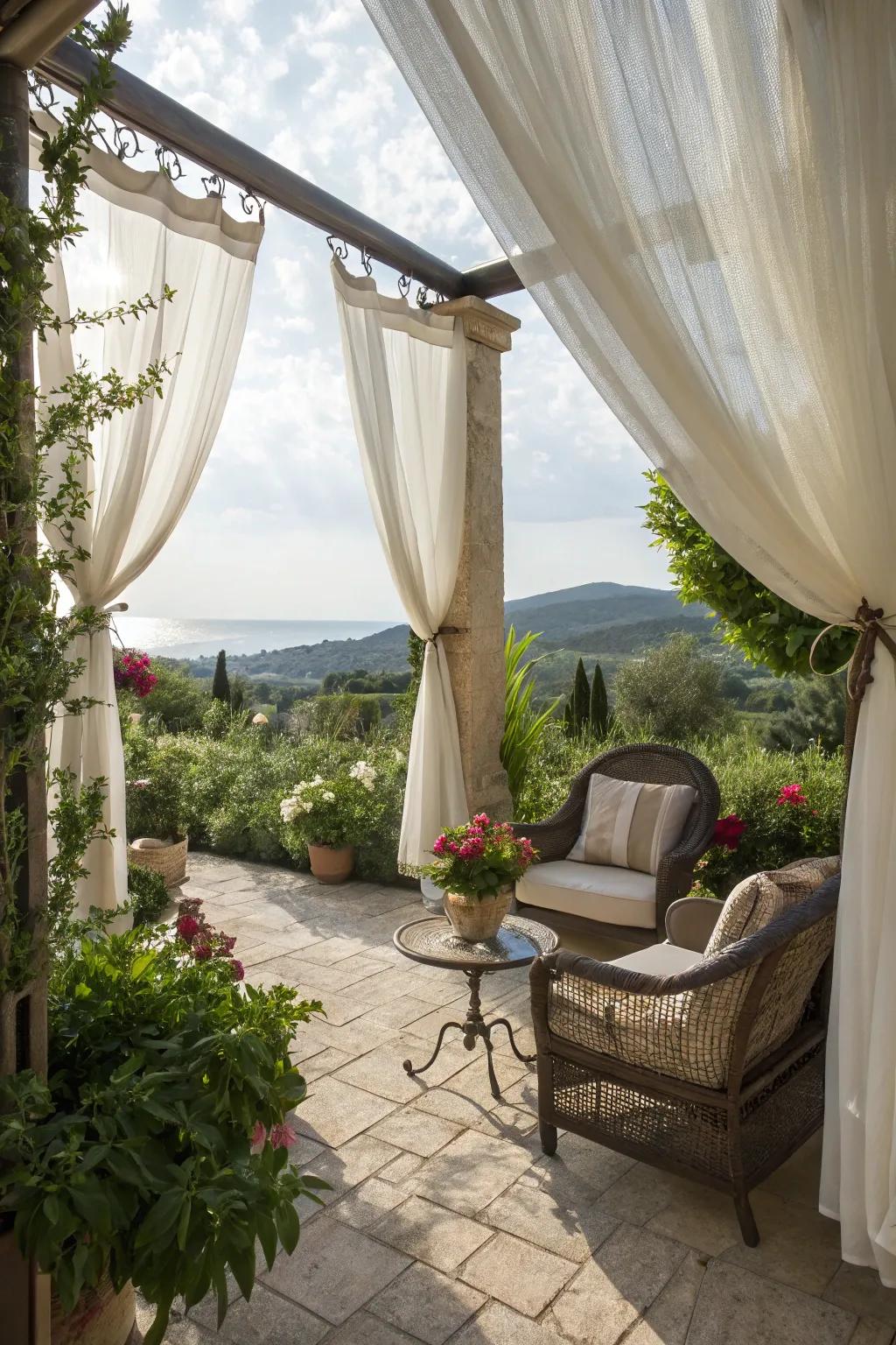 Exterior drapes impart seclusion and a smidgen of refinement.