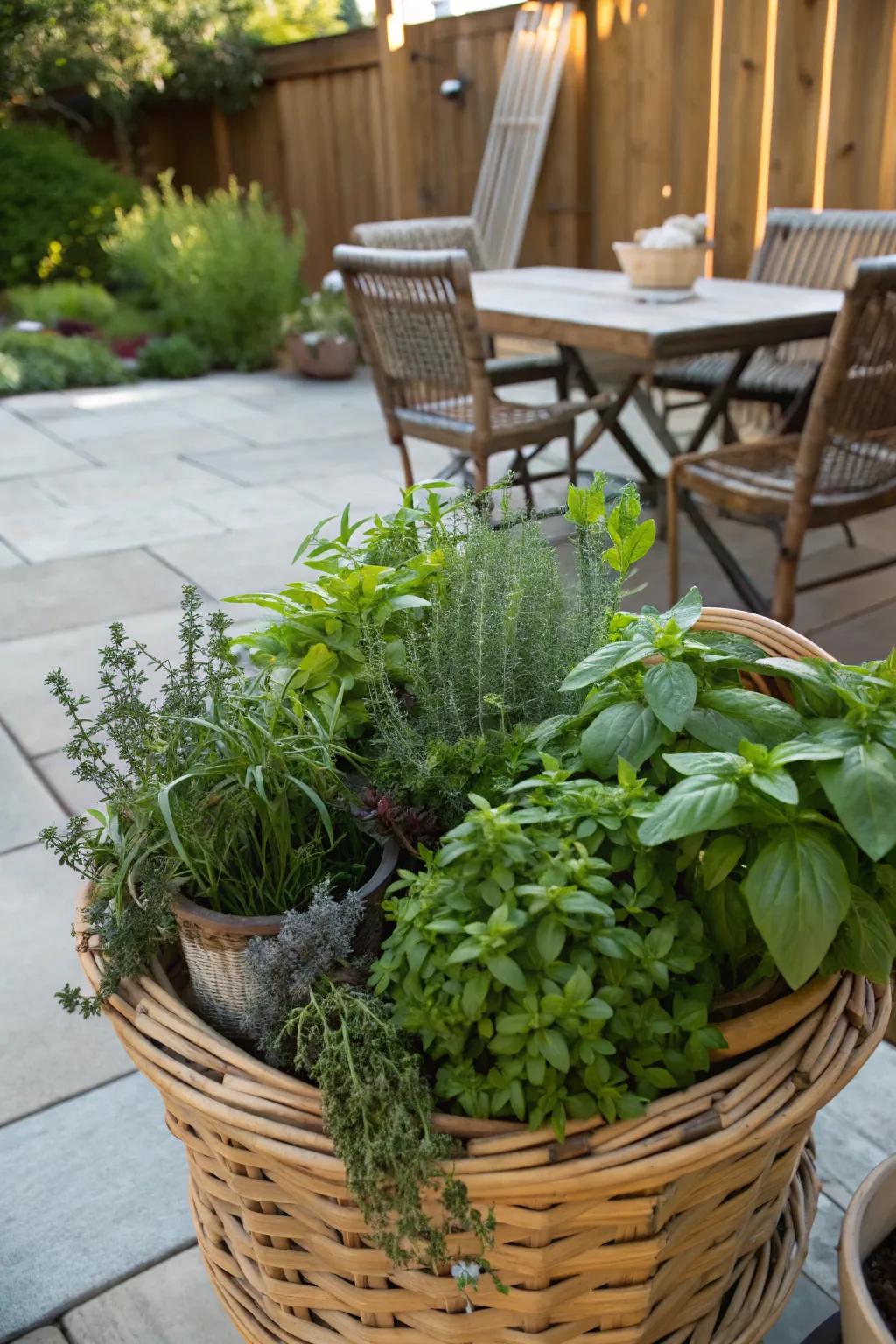 Rustic basket herb garden.
