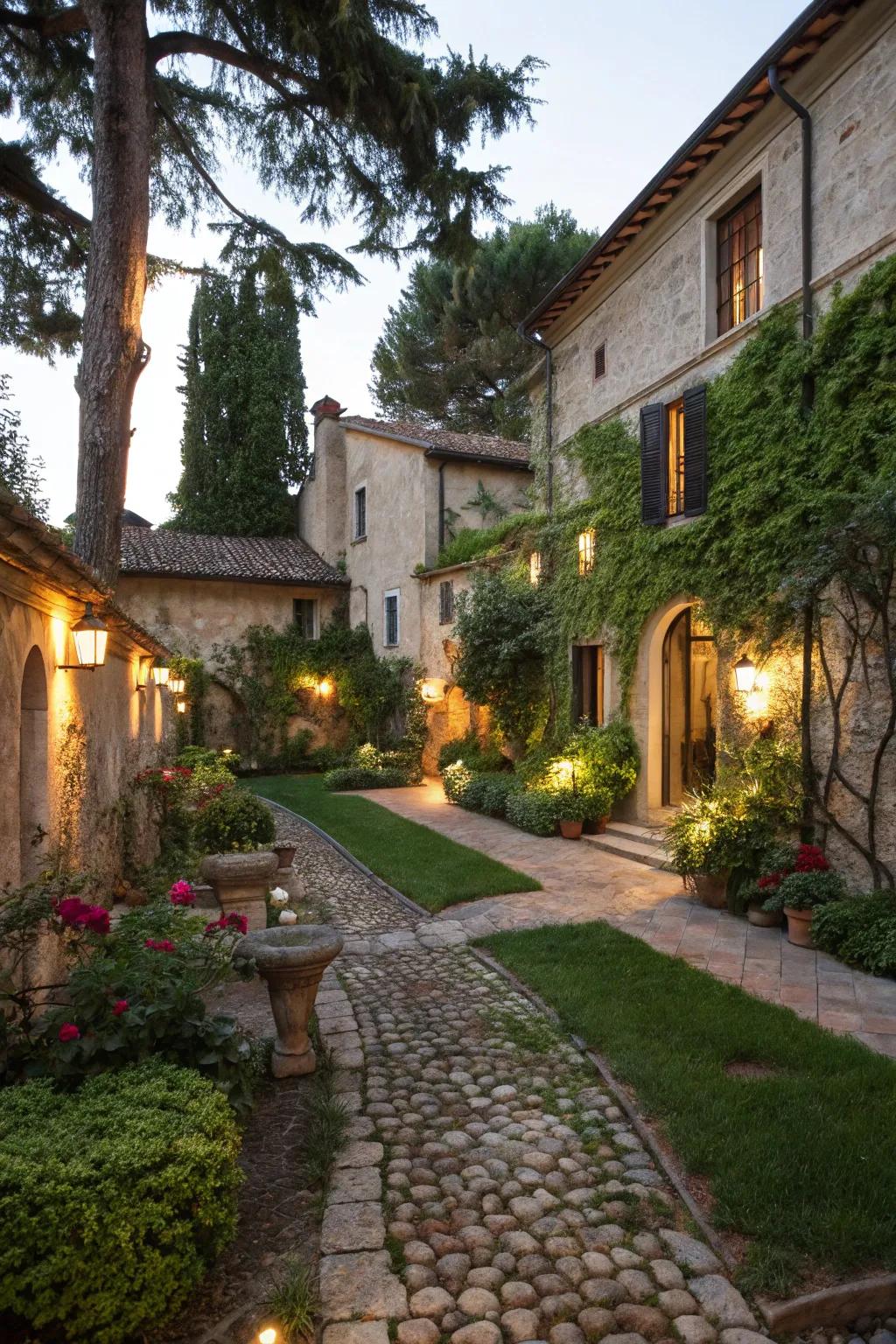 Outdoor lighting transforms the garden into a magical nighttime retreat.