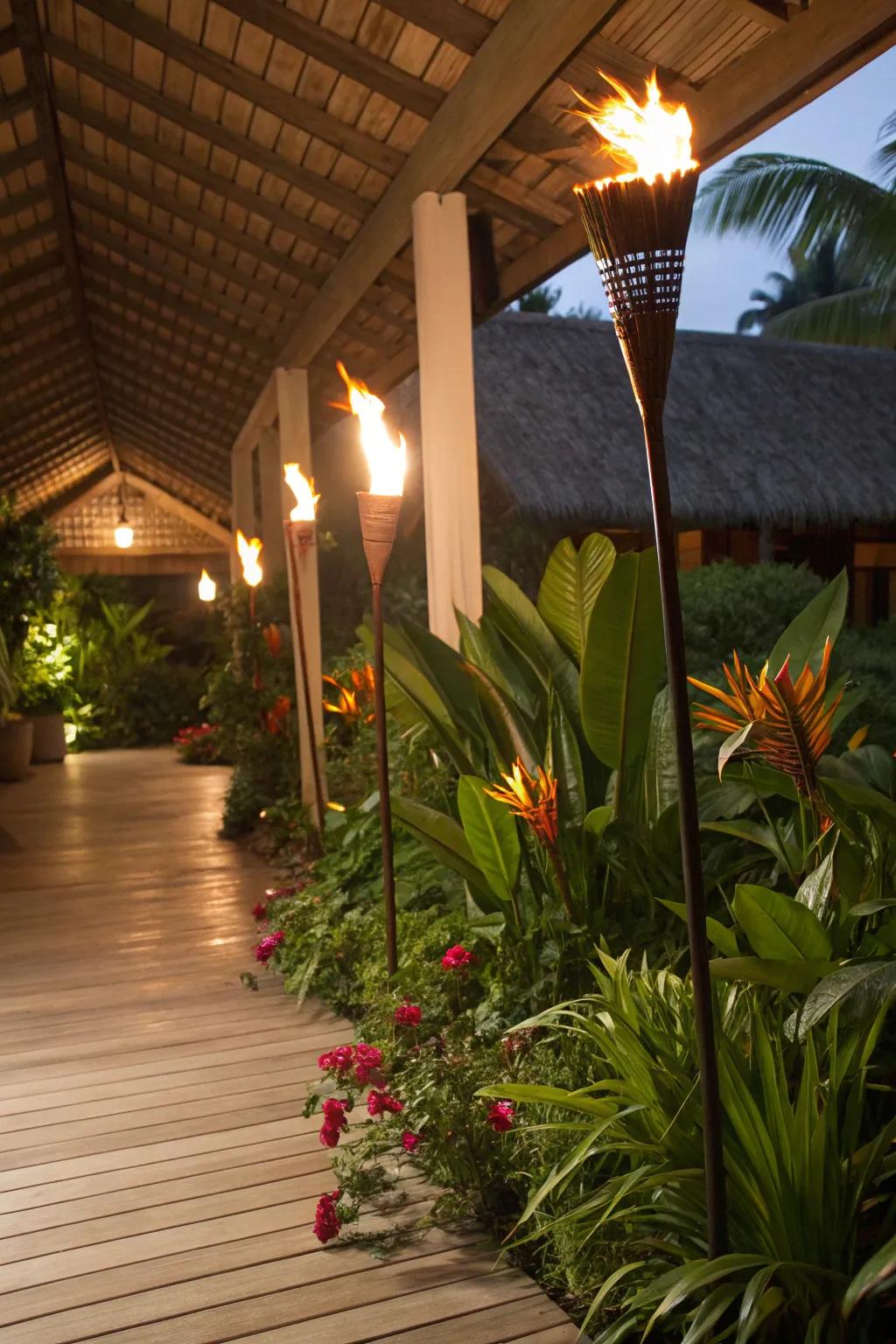 Flaming poles contribute a tropical vibe and natural radiance source to your patio.