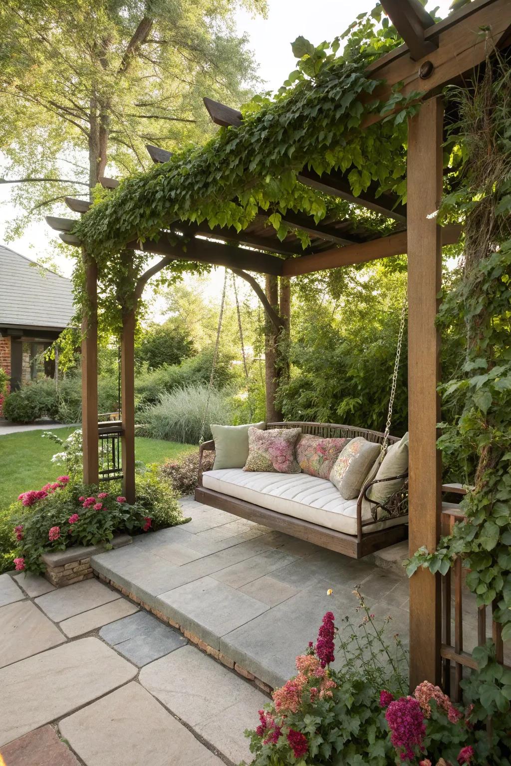 A covered walkway with a pendulum extends a shaded spot for relaxation.