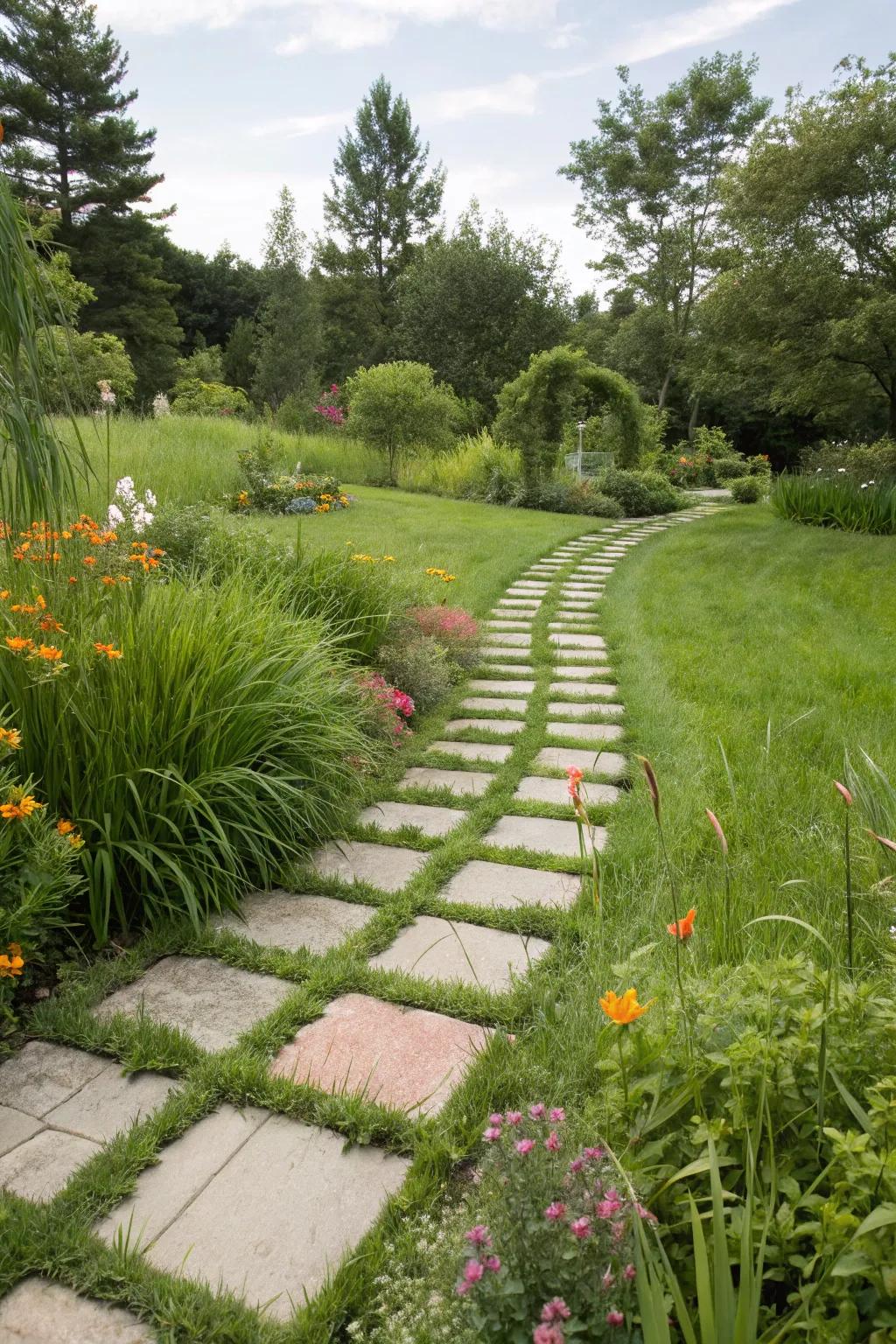 A harmonious grass and paver walkway within a vibrant lawn.
