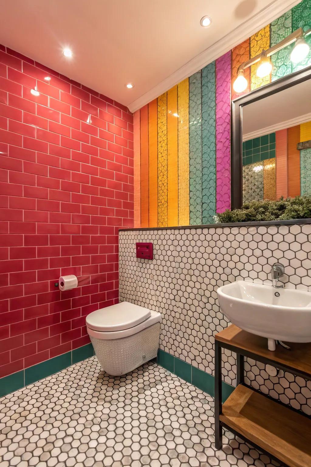 Vibrant and invigorating bathing room with audacious shades and penny rounds.