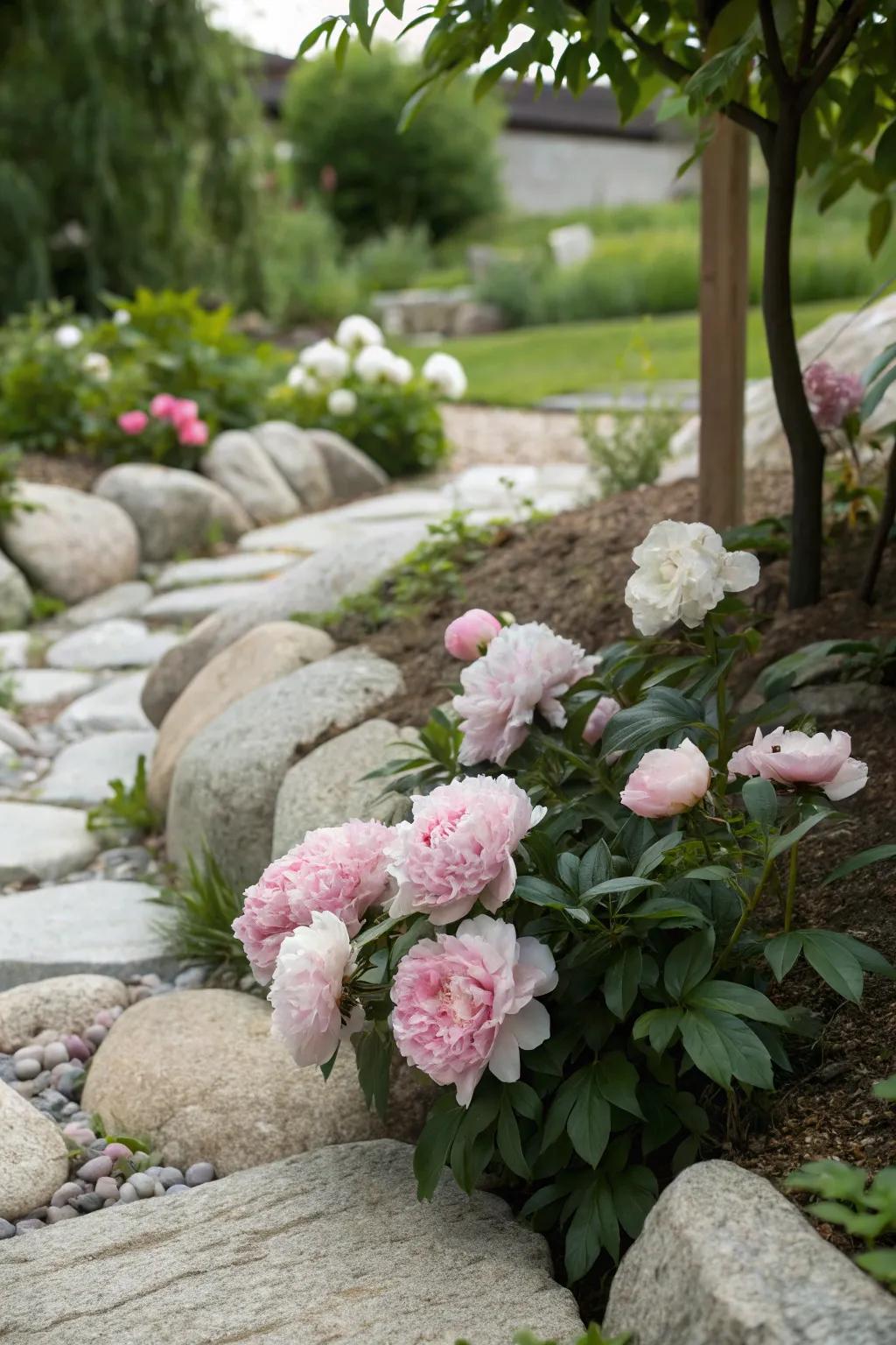 A rustic-chic garden featuring peonies and stone elements.