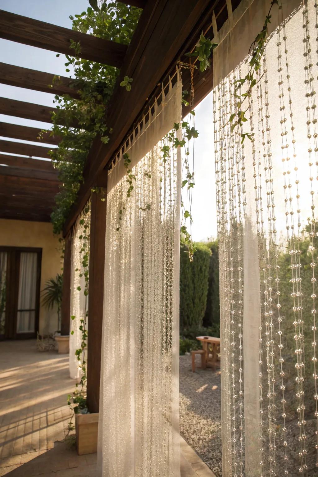 Beaded drapes contribute texture and a bohemian nuance across your pergola.