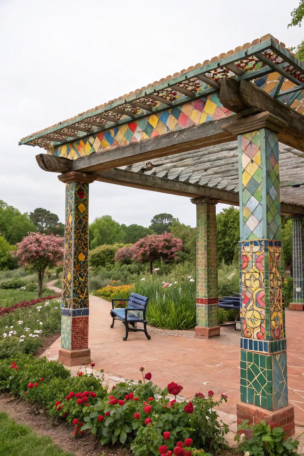 A mosaic tile roof injects artistic flair into your pergola.
