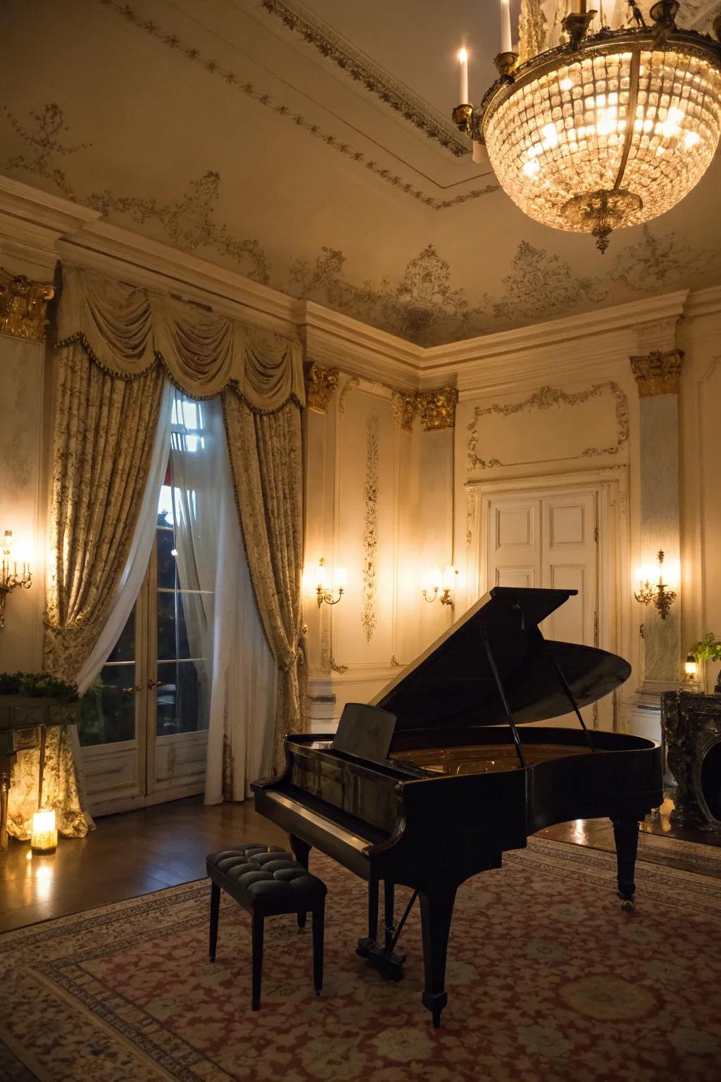 Ornamental illumination underscores the piano and sets the atmosphere.