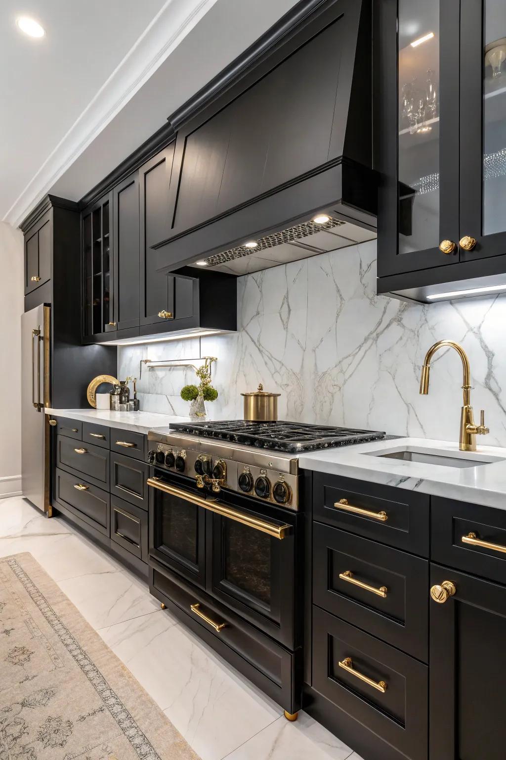 Elegant hardware enhances the modern appeal of dark appliances.