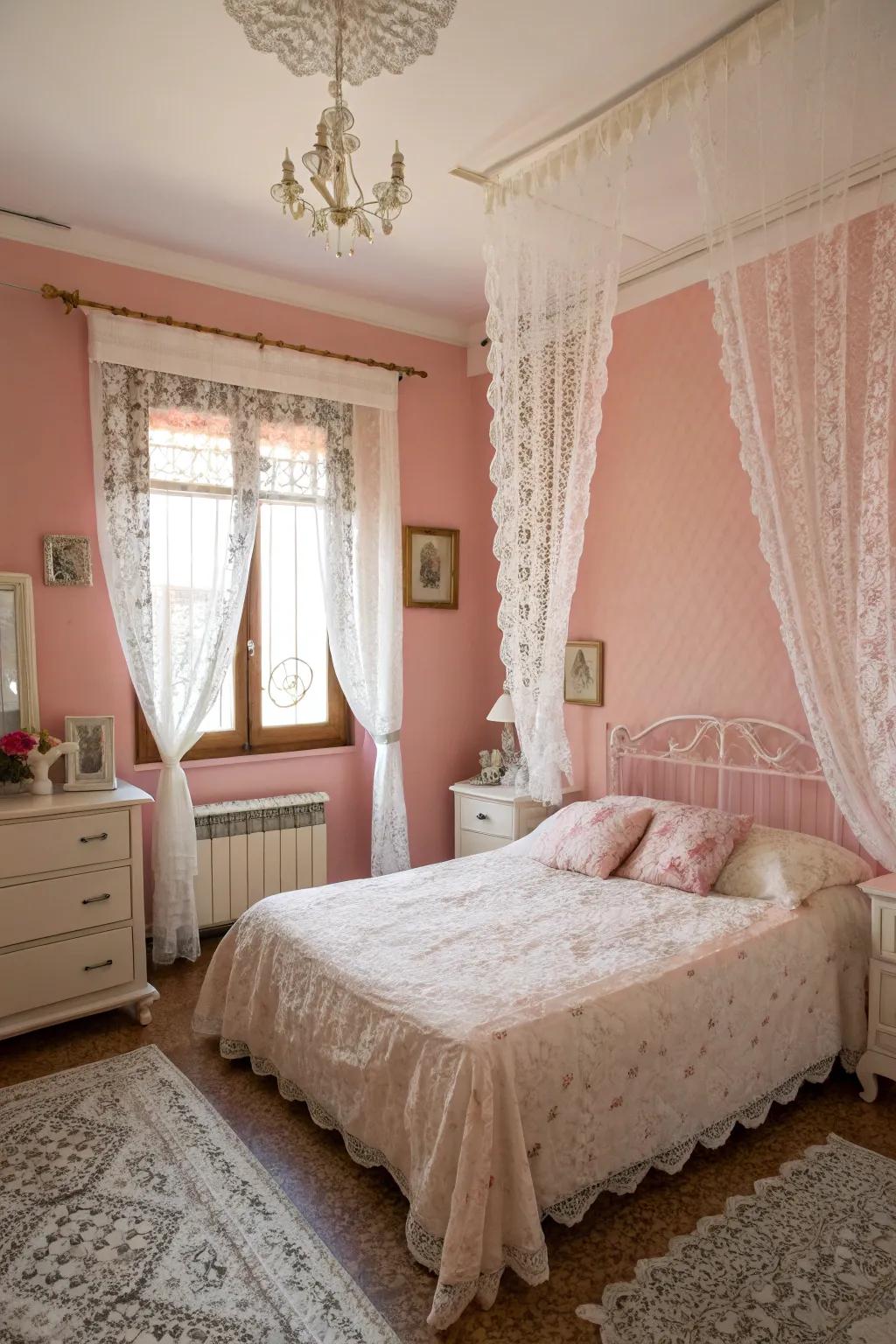 Chalk mesh and rose grace offer a classic and romantic bedroom style.