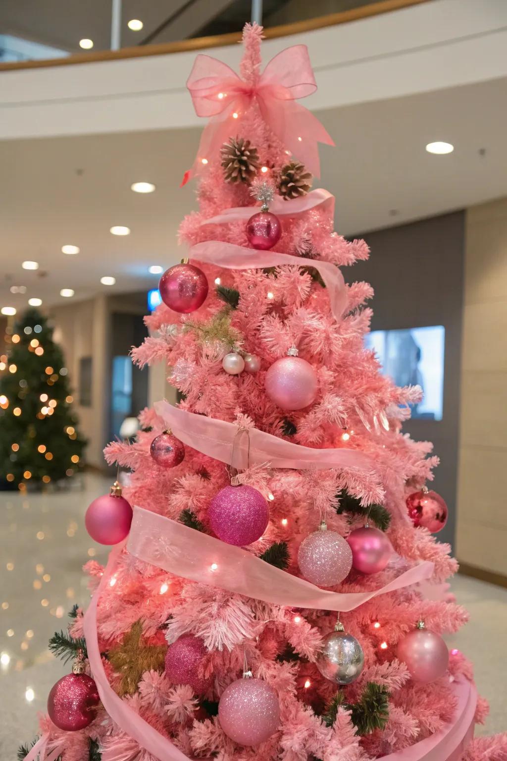 Seasonal adornments maintain this rosy tree fresh and versatile.