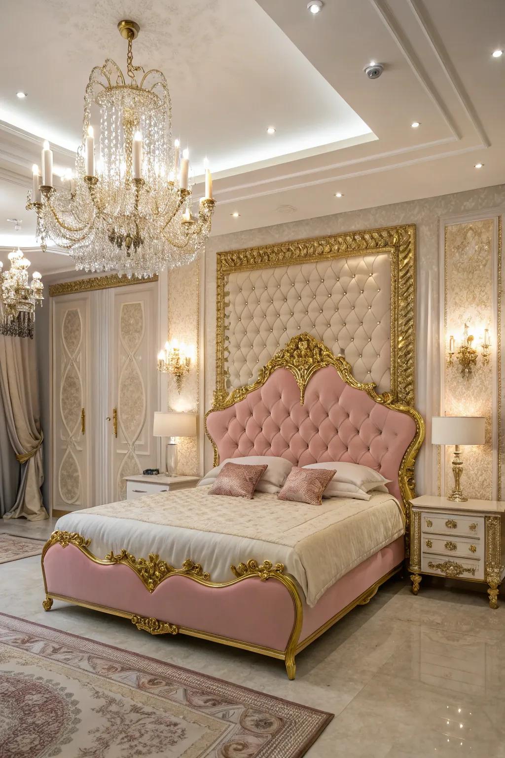 A glamorous and luxurious bedroom with a rosy and gilded headboard.