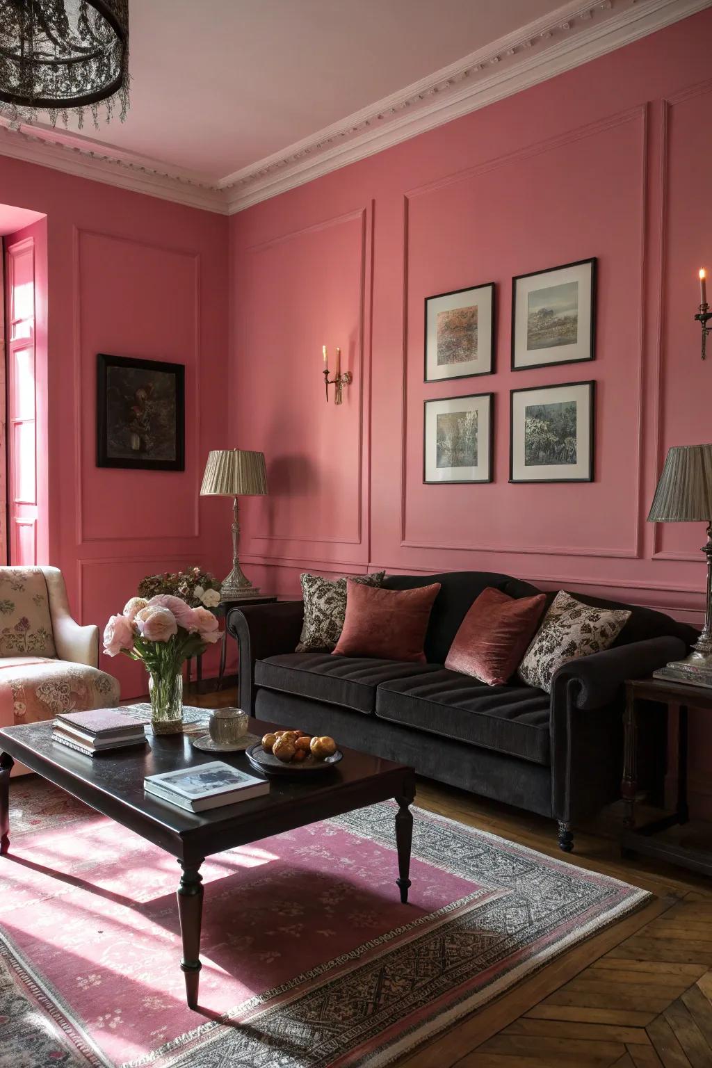 Dark furnishings contrast beautifully with rose walls.