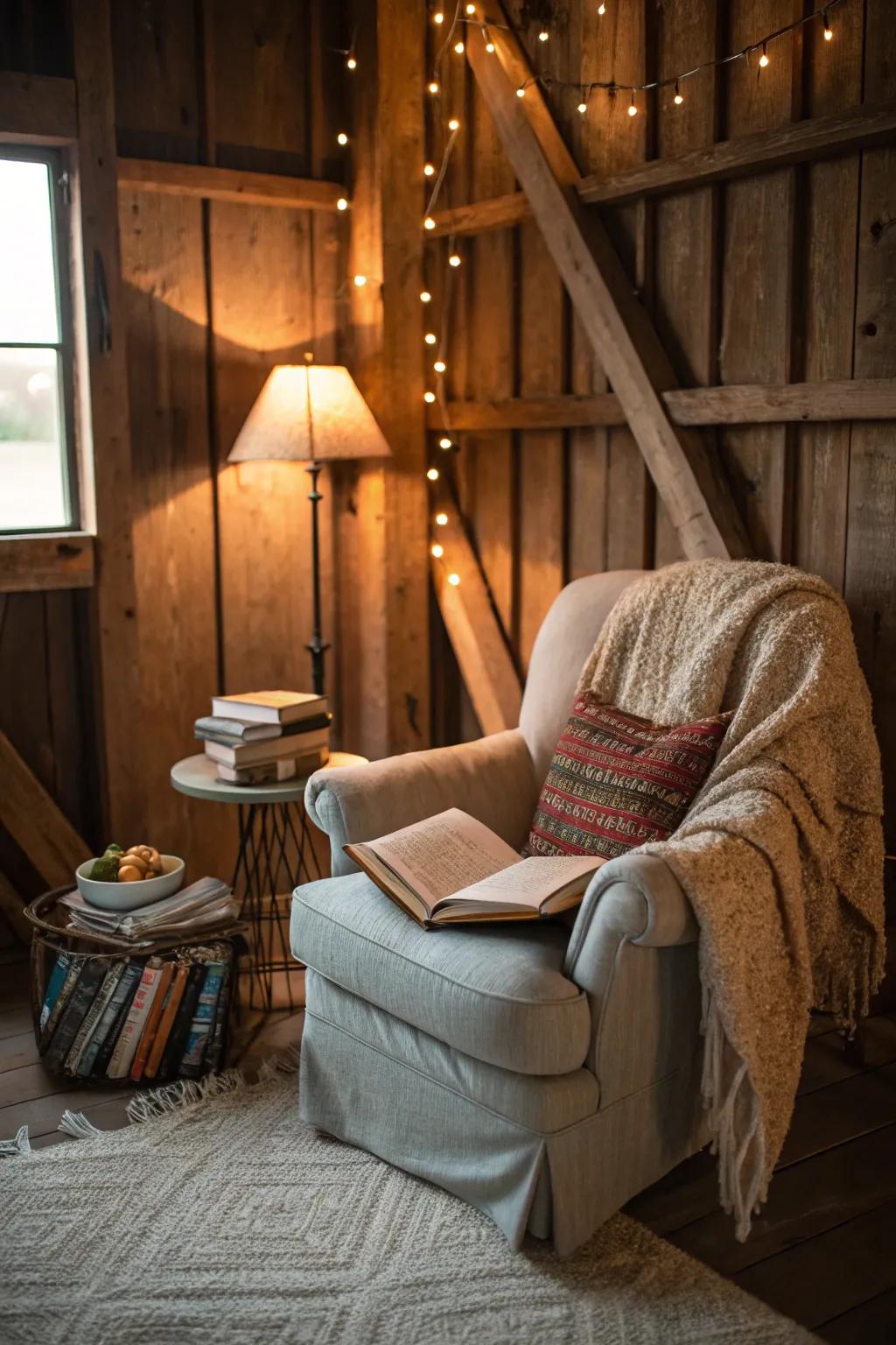 A cozy book retreat inside a pole barn, featuring a comfy chair and soft lighting.