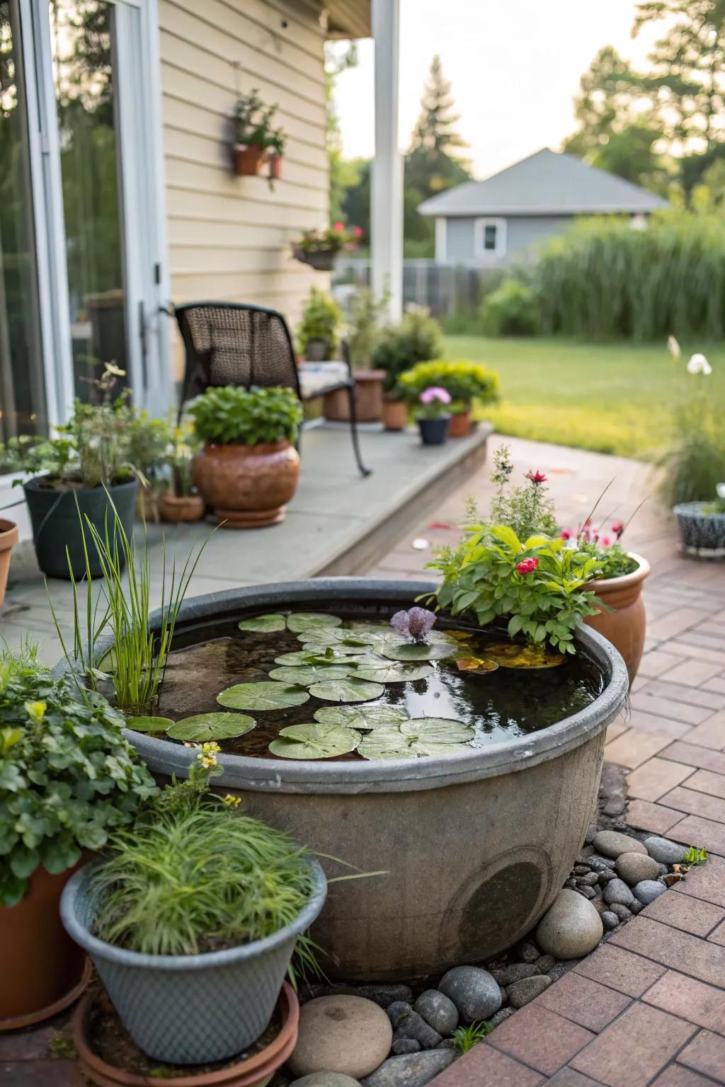 A DIY container pond offers a budget-friendly and charming water feature.