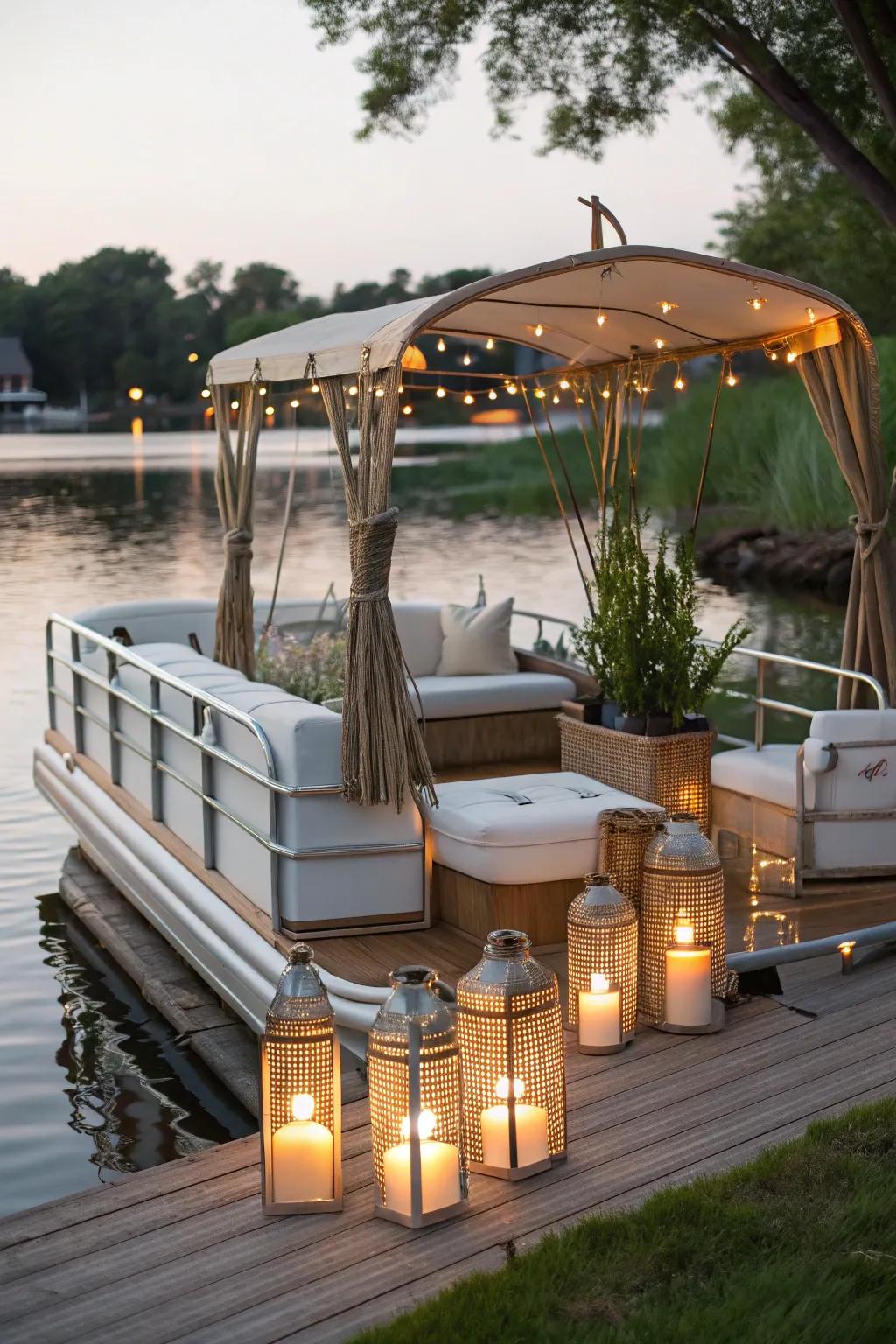 A tranquil-themed pontoon boat offering a peaceful refuge on the water.