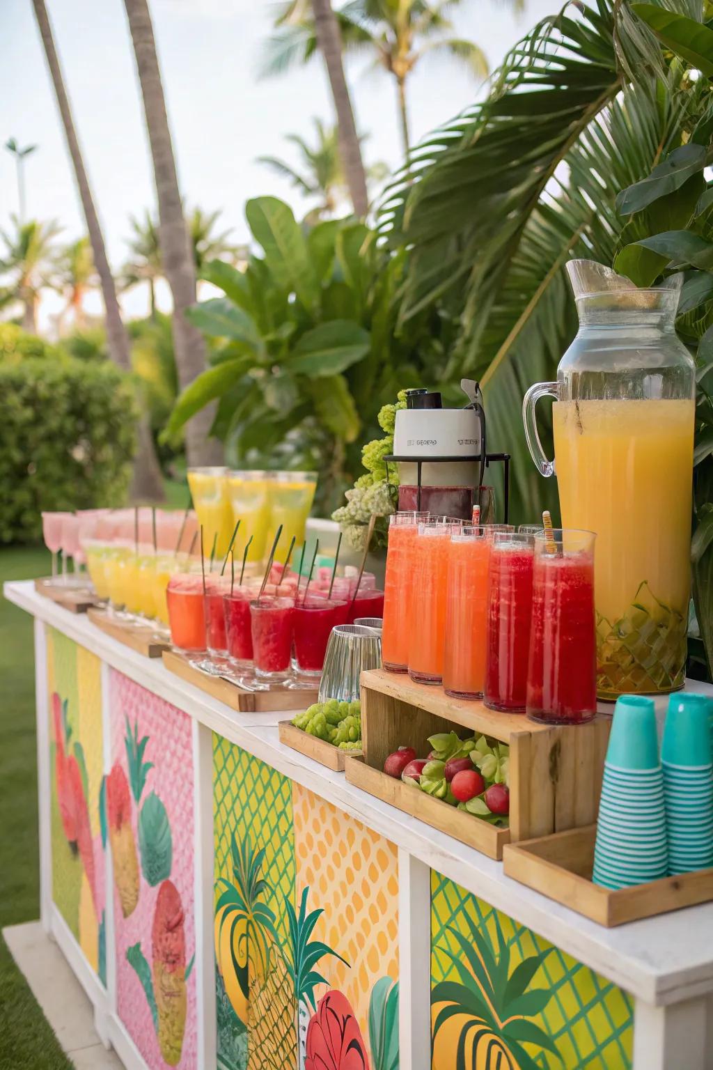 A tropical drink station keeps guests refreshed with style.