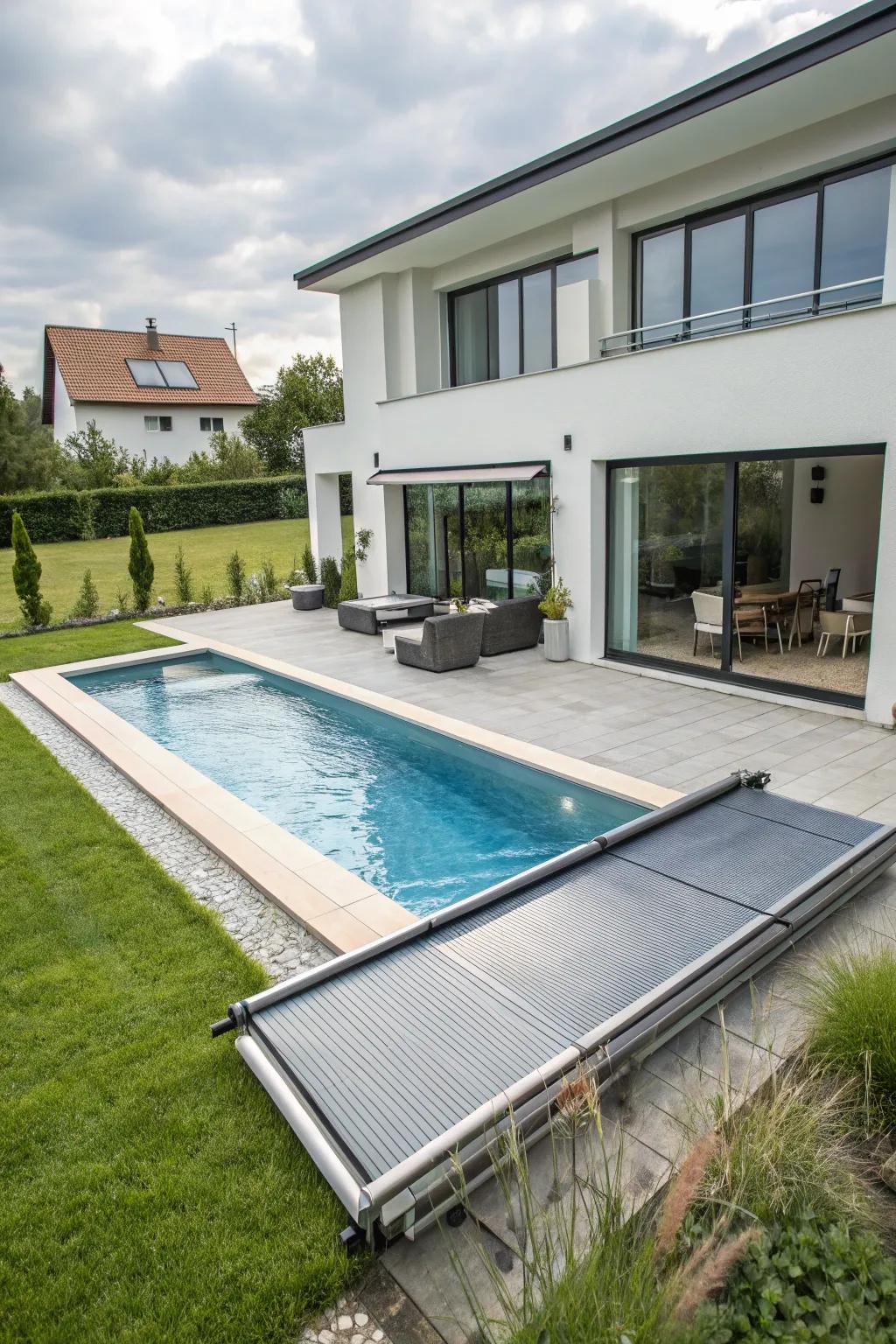 A modern pool with a functional retractable cover.