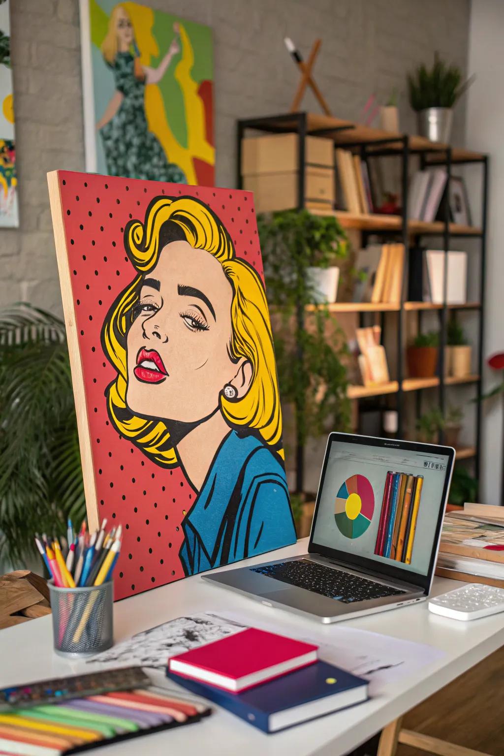 A funny pop art painting of a meme livens up the workspace.