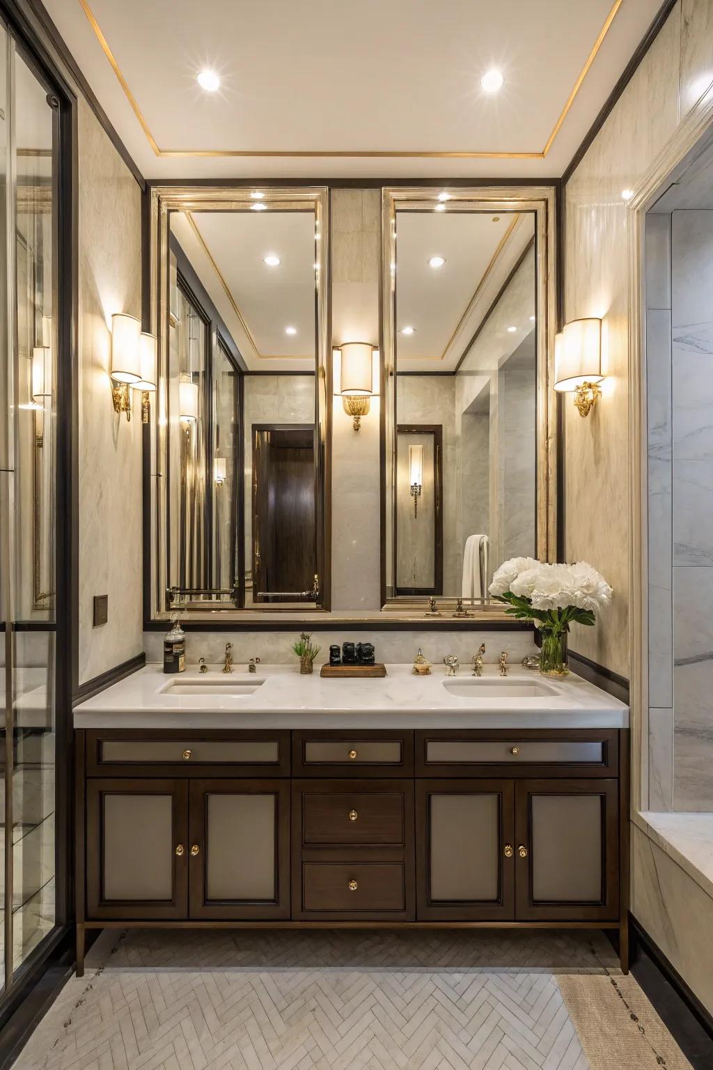 A washroom employing mirrored surfaces to enhance space.