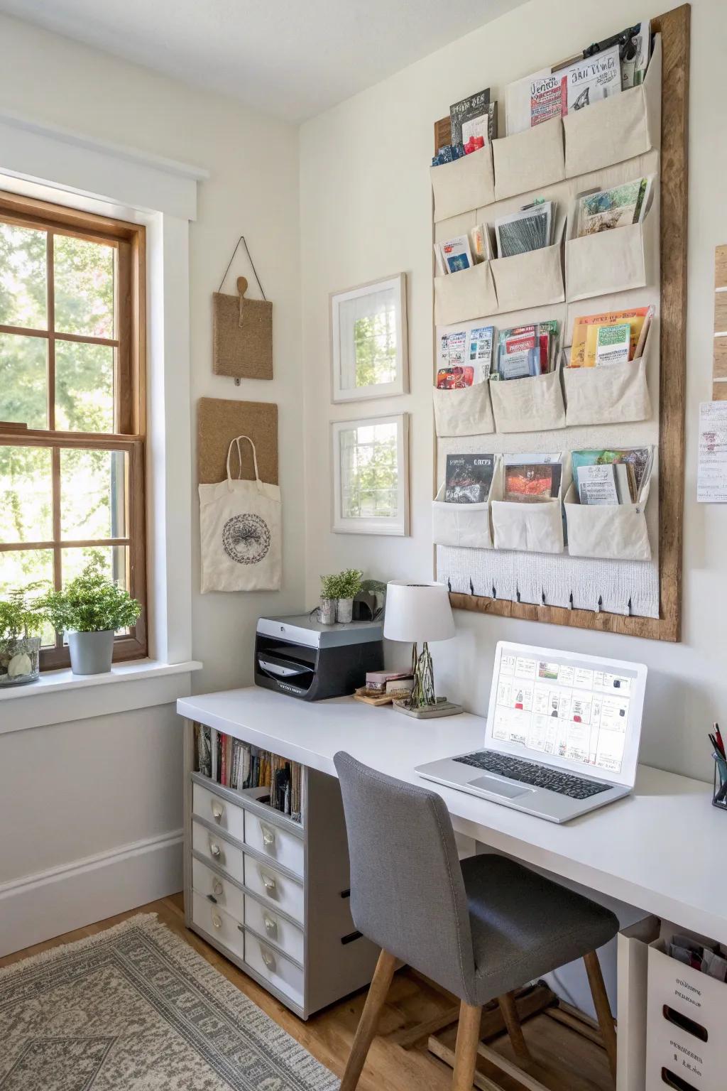 Creative wall pockets offer a playful and practical paper storage solution.