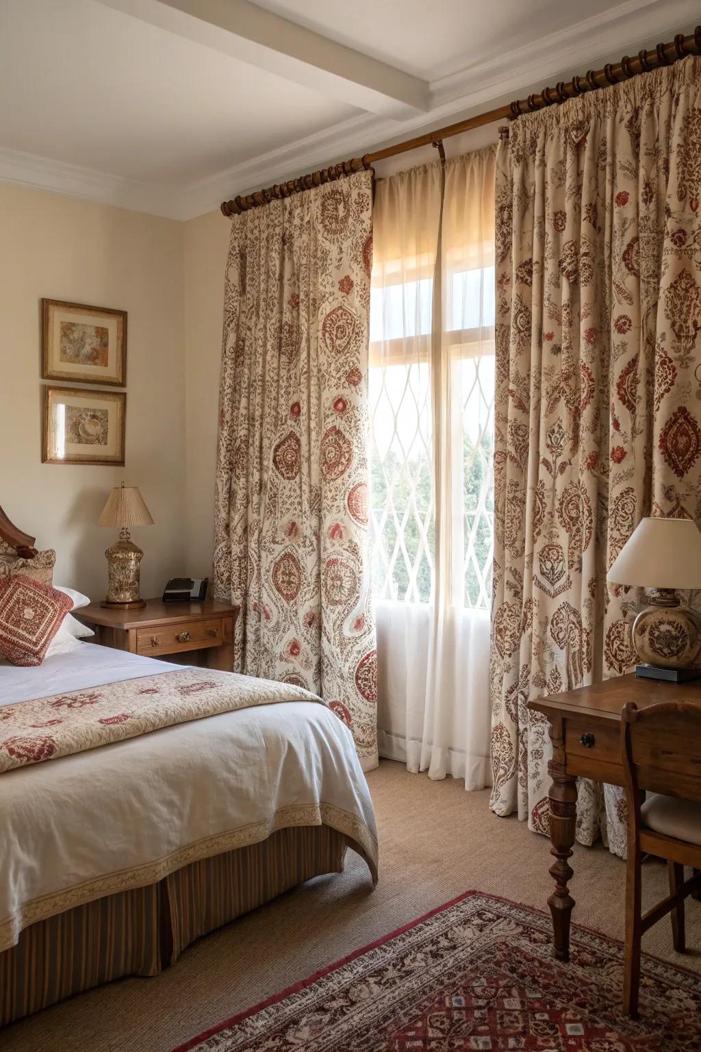 Decorated drapes enrich room decor while assuring privacy.