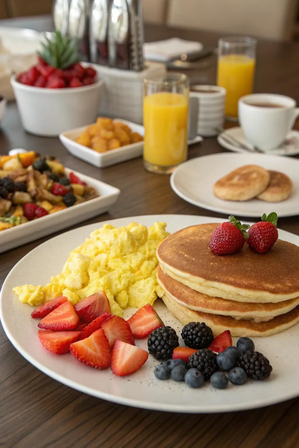 A dining table set with breakfast foods, offering pancakes, eggs, and fresh fruits.