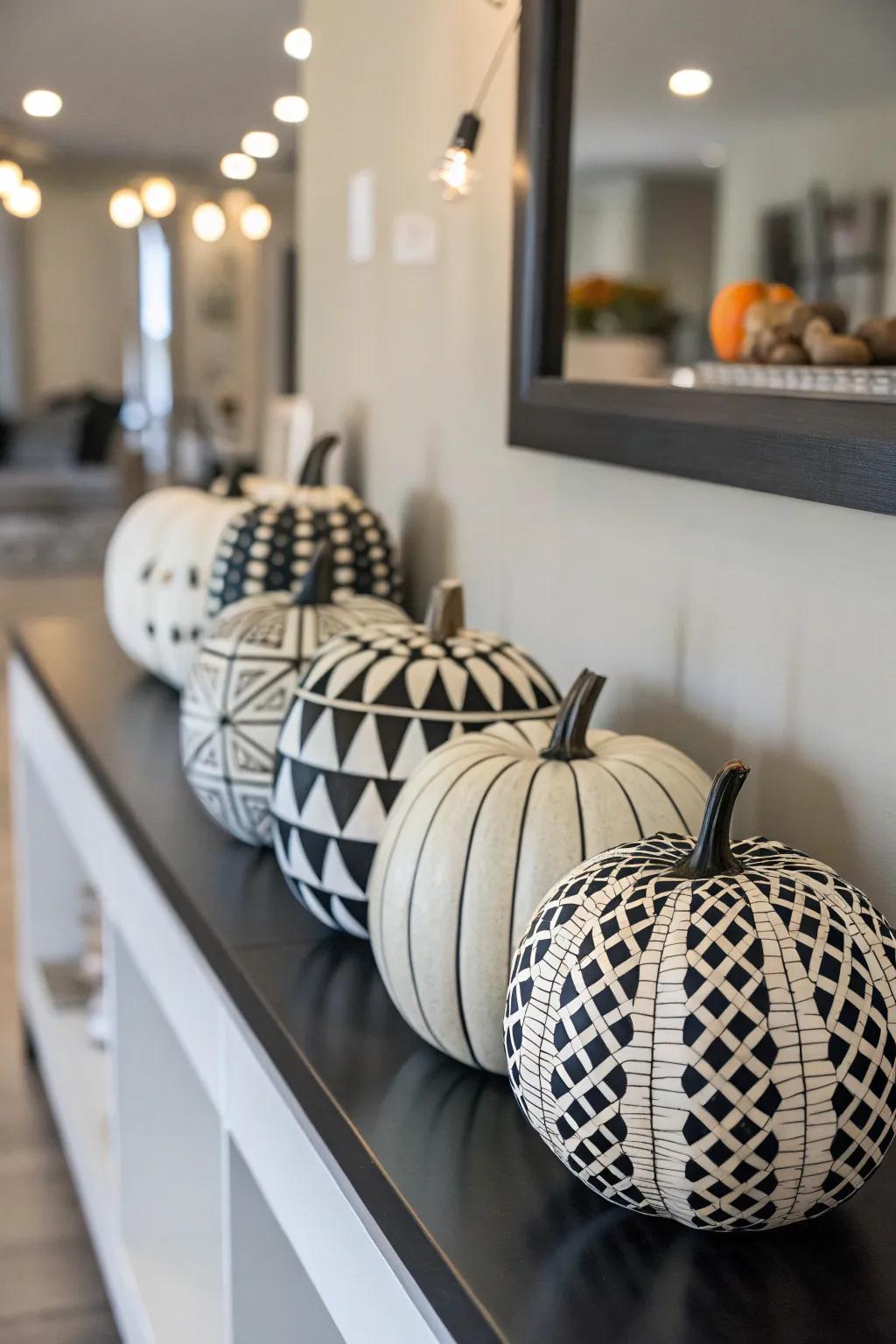 Chic monochrome gourds adorned with geometric patterns.