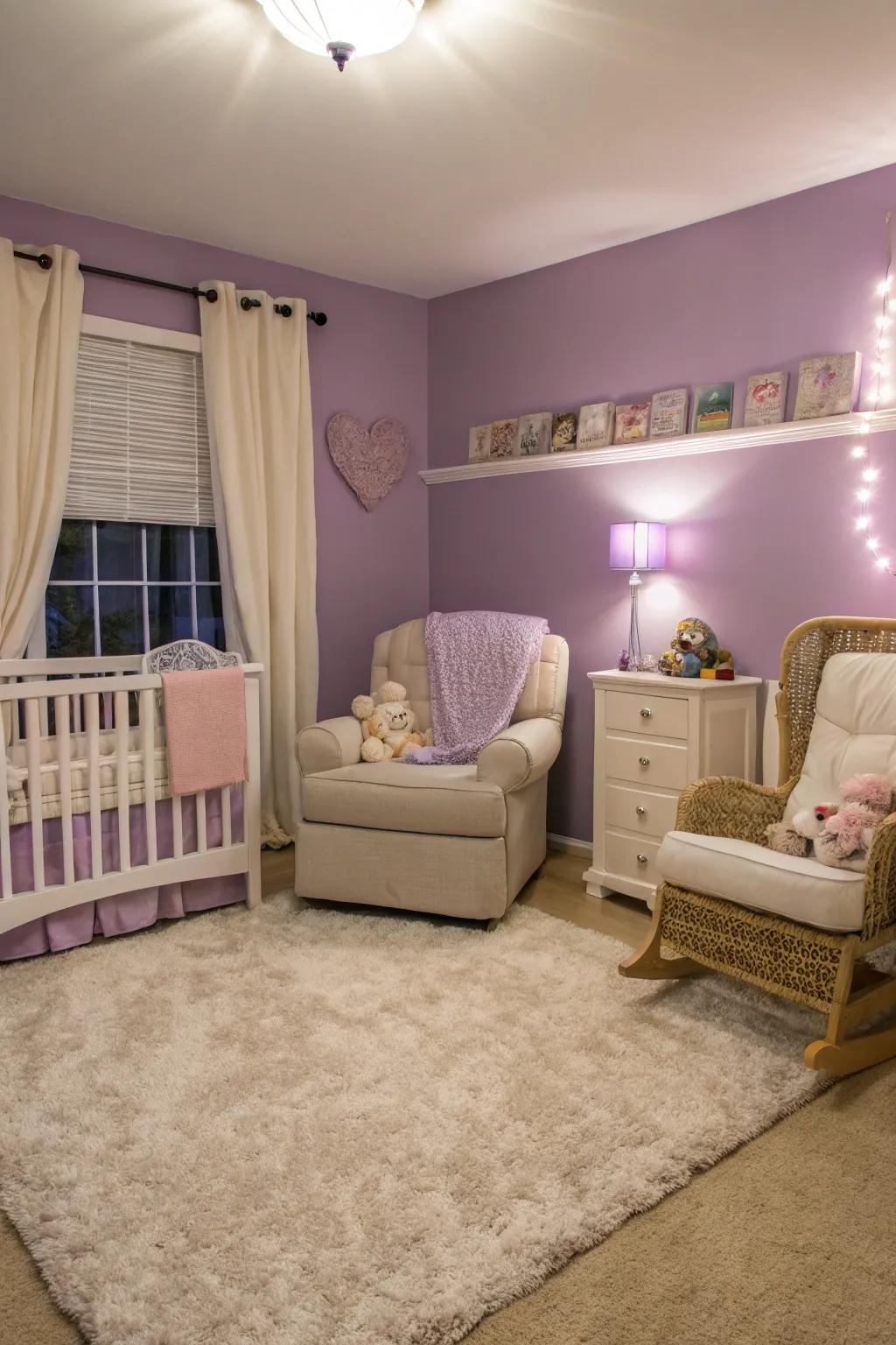 A calming nursery enhanced by soft purple walls.