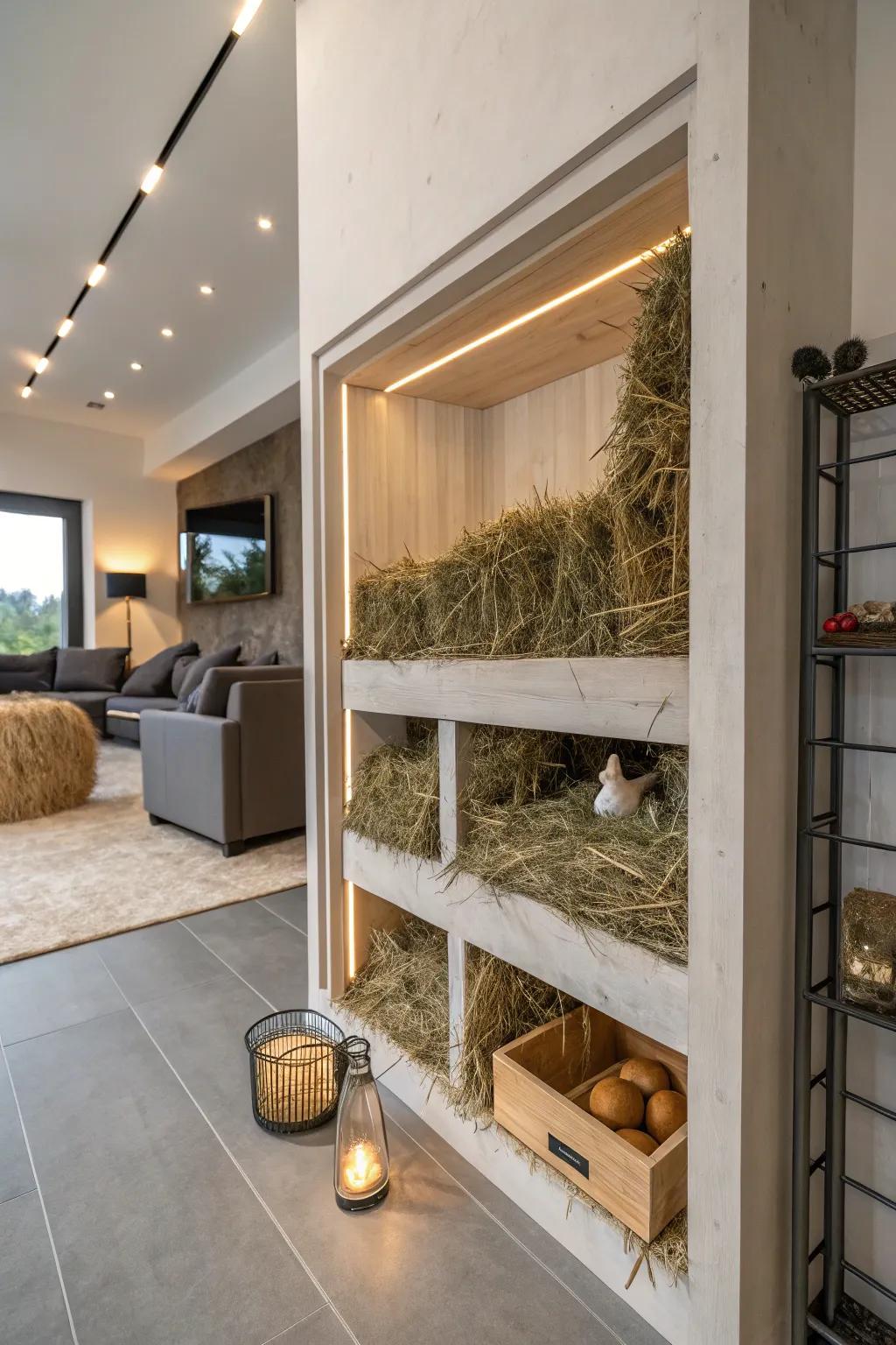 A wall niche provides a stylish and discreet place for hay storage.