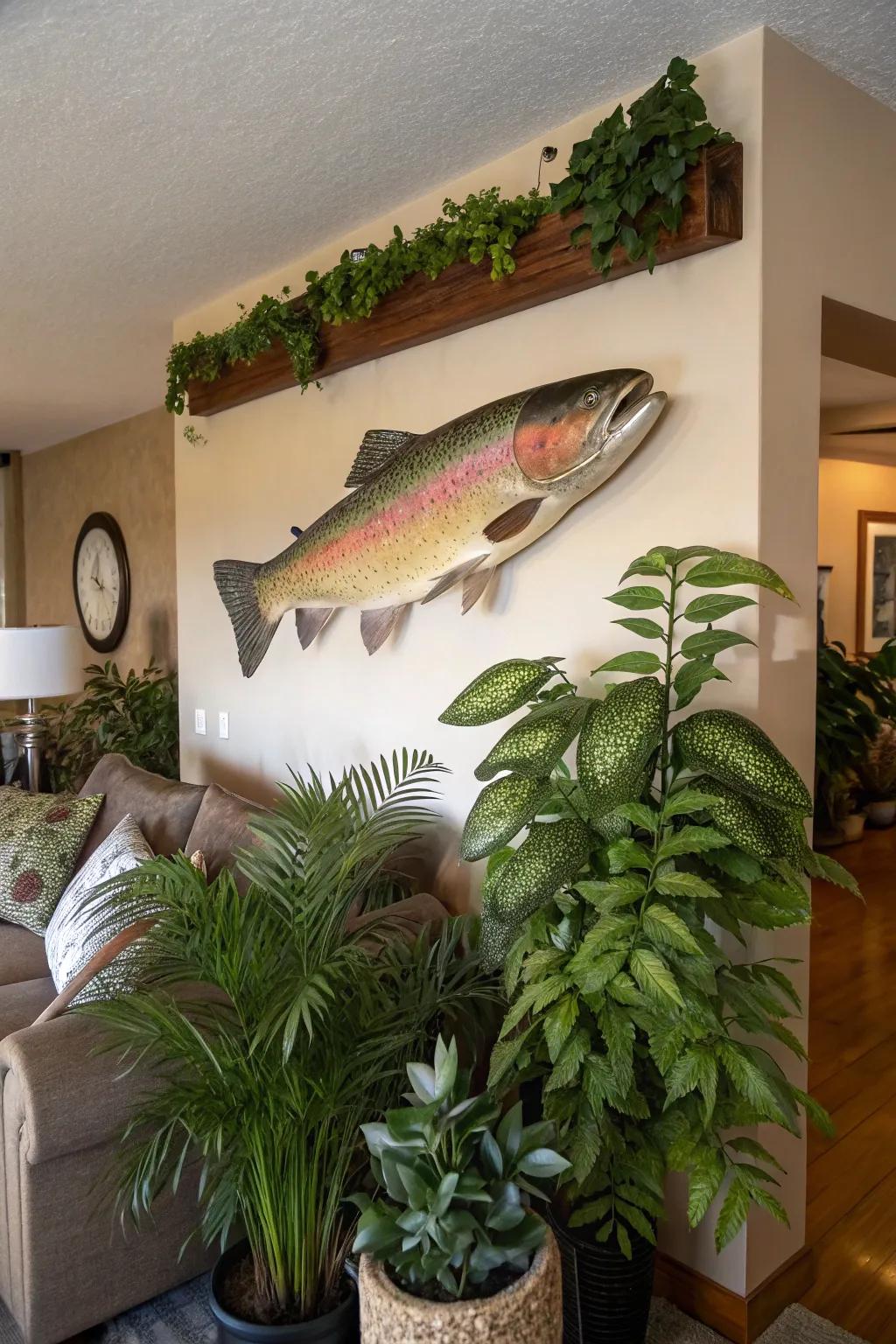 Incorporating verdure with a rainbow trout mount makes for a fresh and natural look.