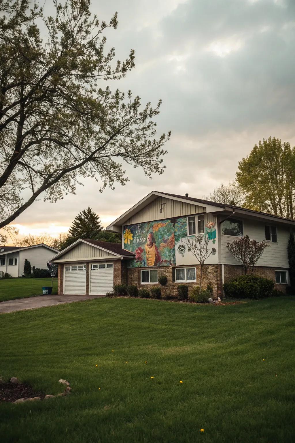 A vibrant artistic mural transforming the garage wall of a raised ranch.