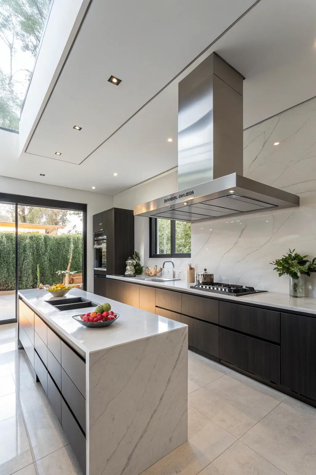 A concealed range hood results in a pristine and seamless kitchen style.