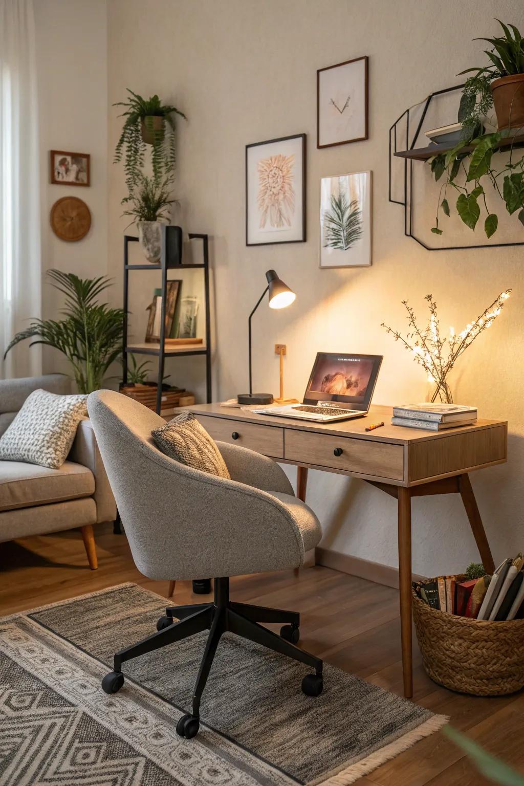 A functional and chic remote work space situated within the living room.