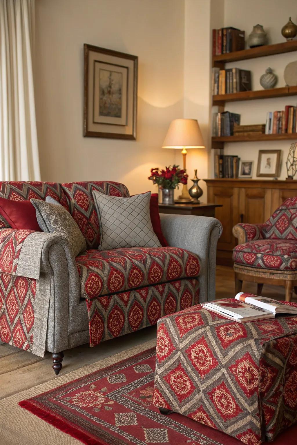 A living room featuring playful crimson and grey patterned textiles.