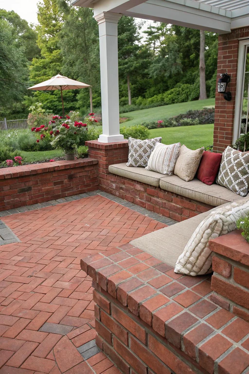 A red brick patio displaying cozy integrated seating solutions