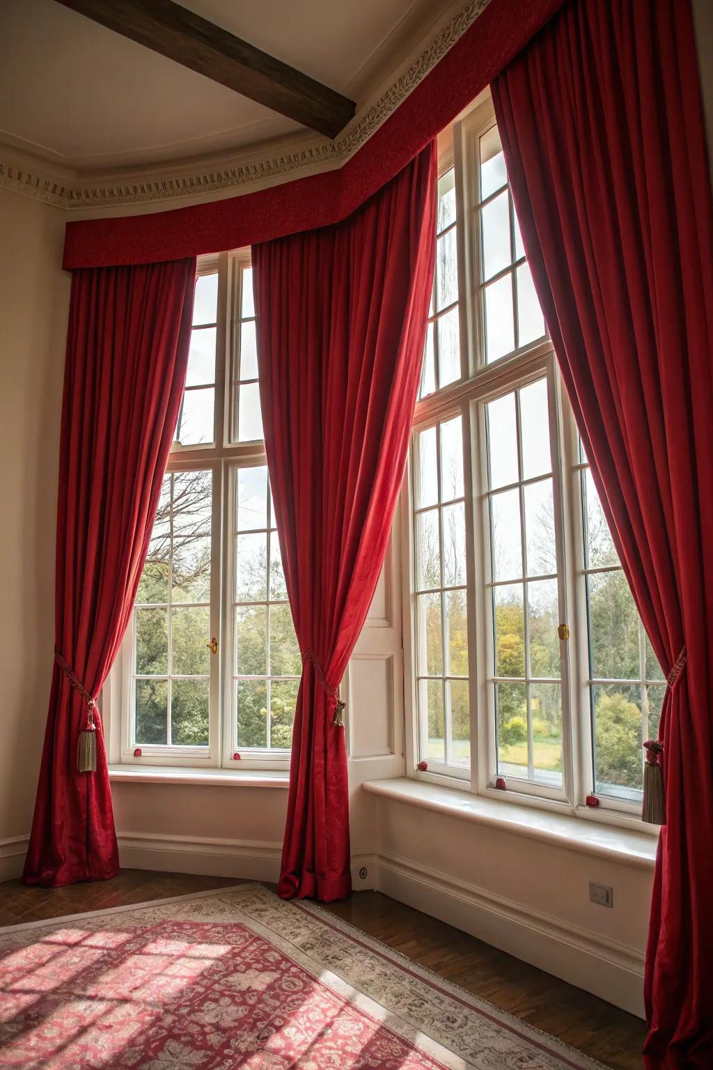 Rouge window treatments introduce a hint of elegance and drama to this room.